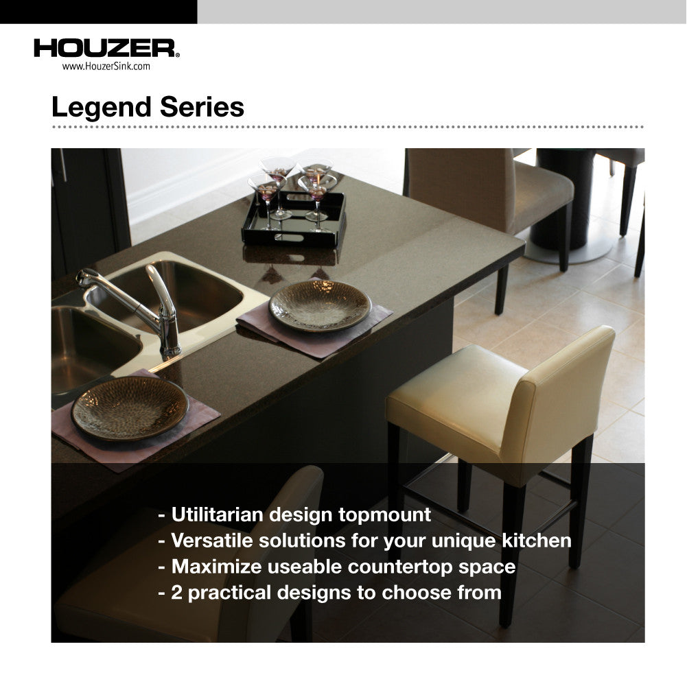 Houzer Legend 32 inch Stainless Steel Drop-in Topmount 4-hole 50/50 Double Bowl Corner Kitchen Sink - LCR-3221