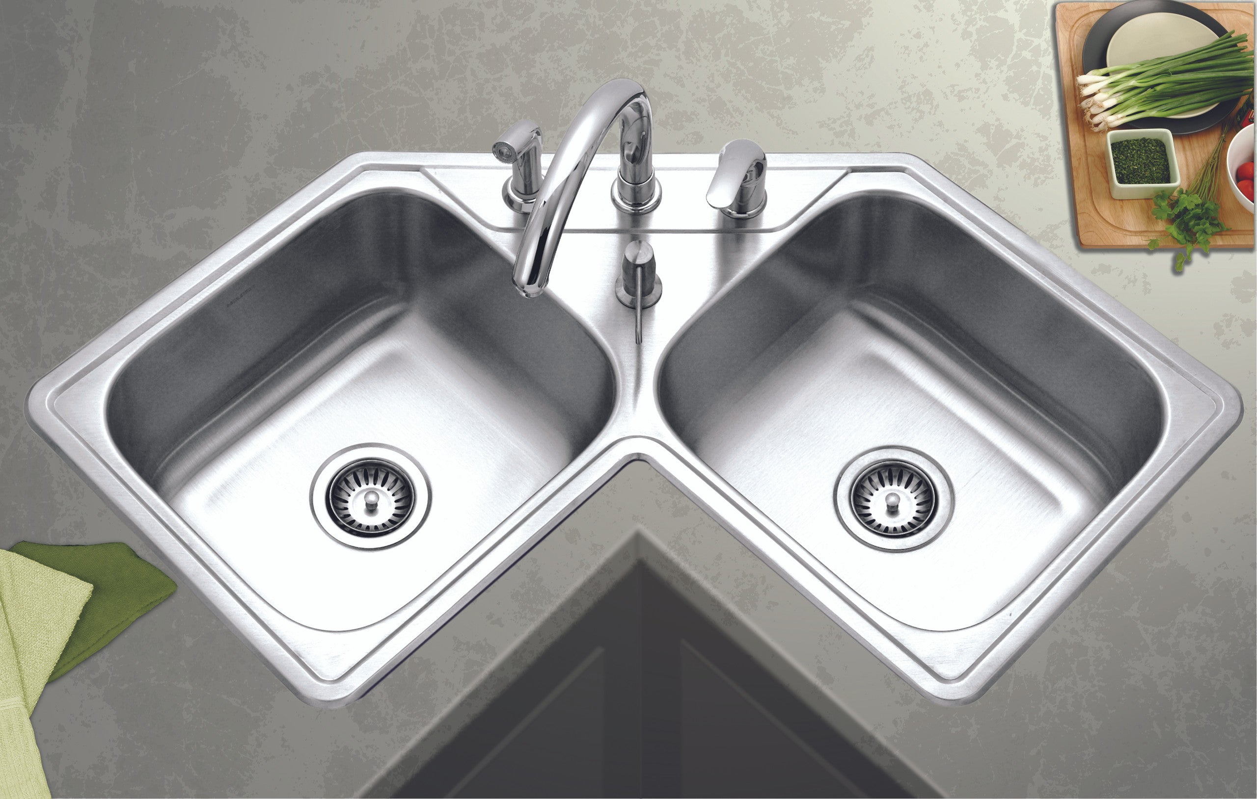 Houzer Legend 32 inch Stainless Steel Drop-in Topmount 4-hole 50/50 Double Bowl Corner Kitchen Sink - LCR-3221