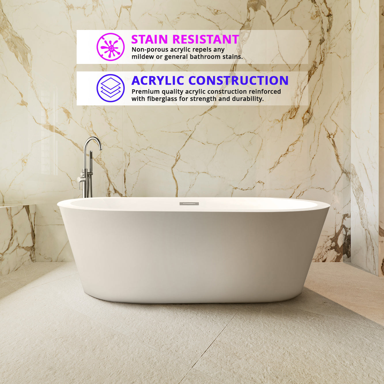 Lure 67 in White Freestanding Acrylic Flatbottom Soaking Bathtub