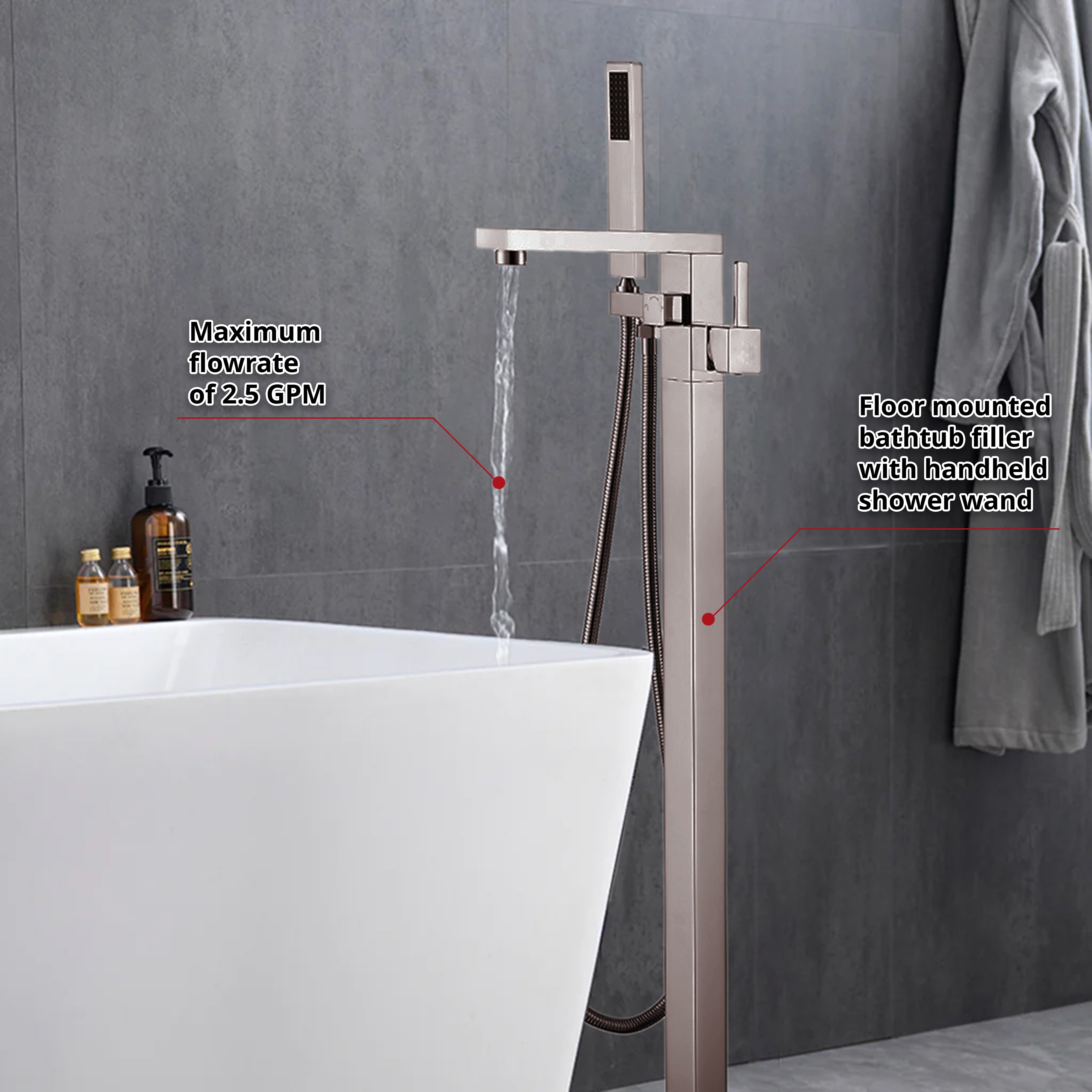 Mare Single Handle Freestanding Floor Mount Tub Faucet Bathtub Filler with Hand Shower