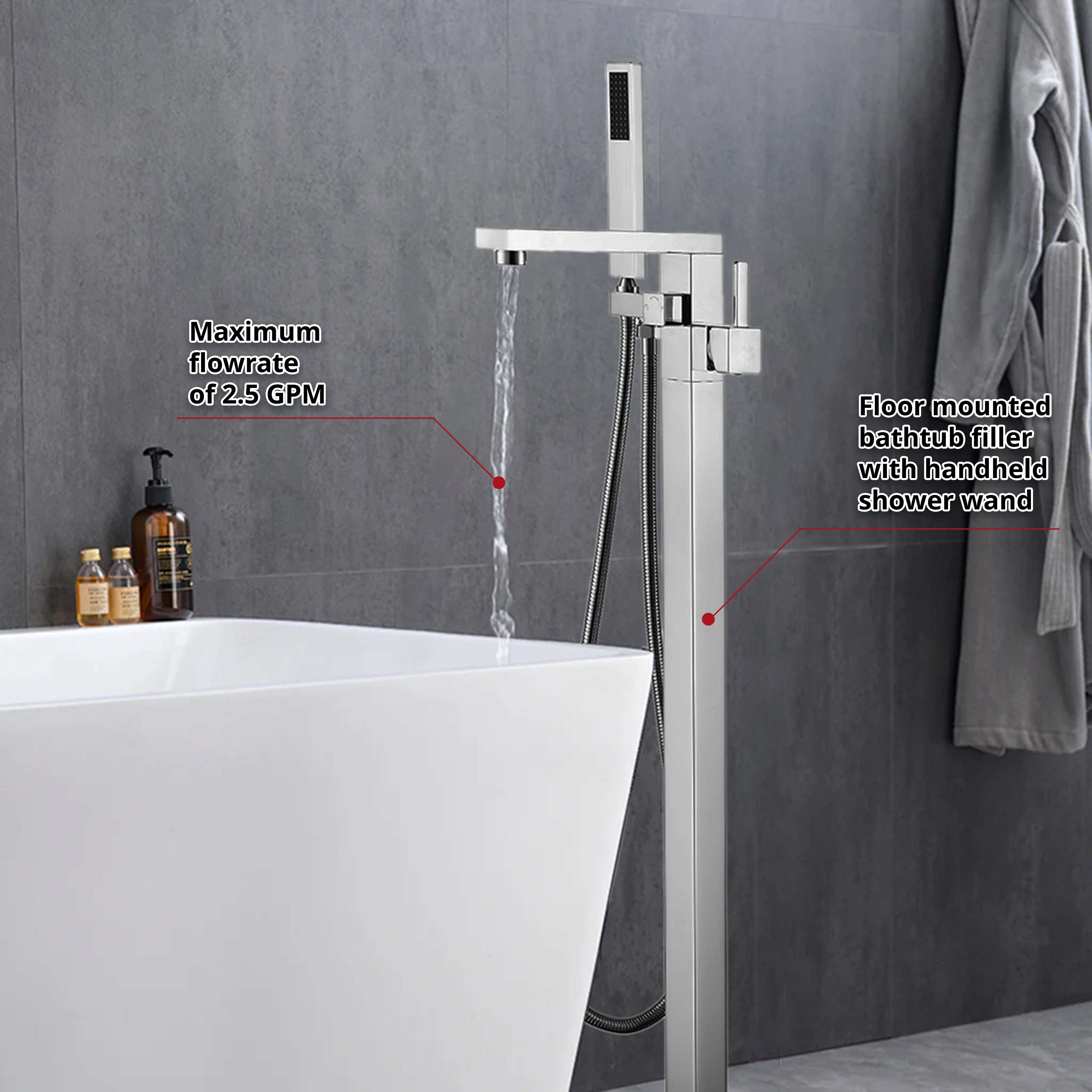 Mare Single Handle Freestanding Floor Mount Tub Faucet Bathtub Filler with Hand Shower