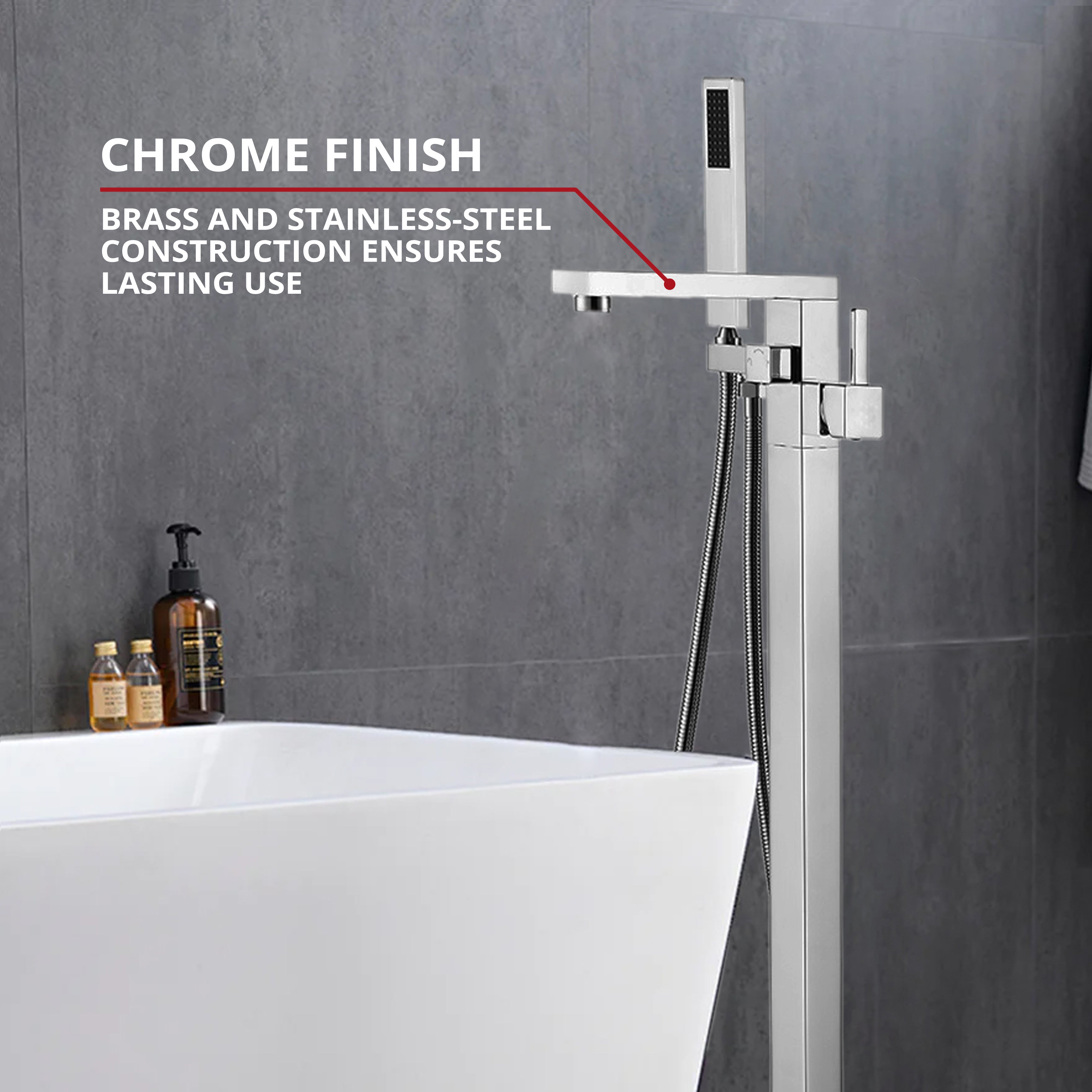 Mare Single Handle Freestanding Floor Mount Tub Faucet Bathtub Filler with Hand Shower