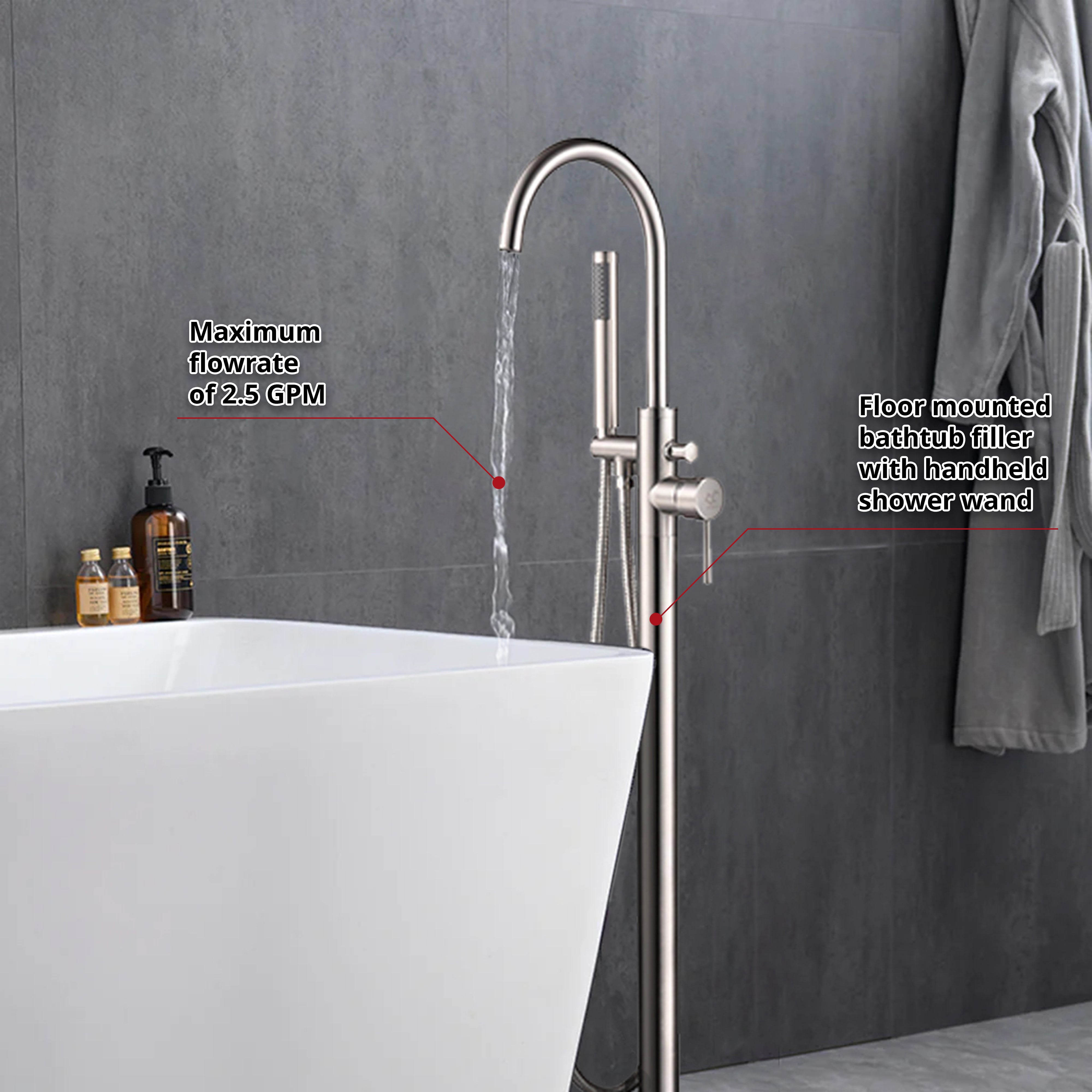 Lago Single Handle Freestanding Floor Mount Tub Faucet Bathtub Filler with Hand Shower