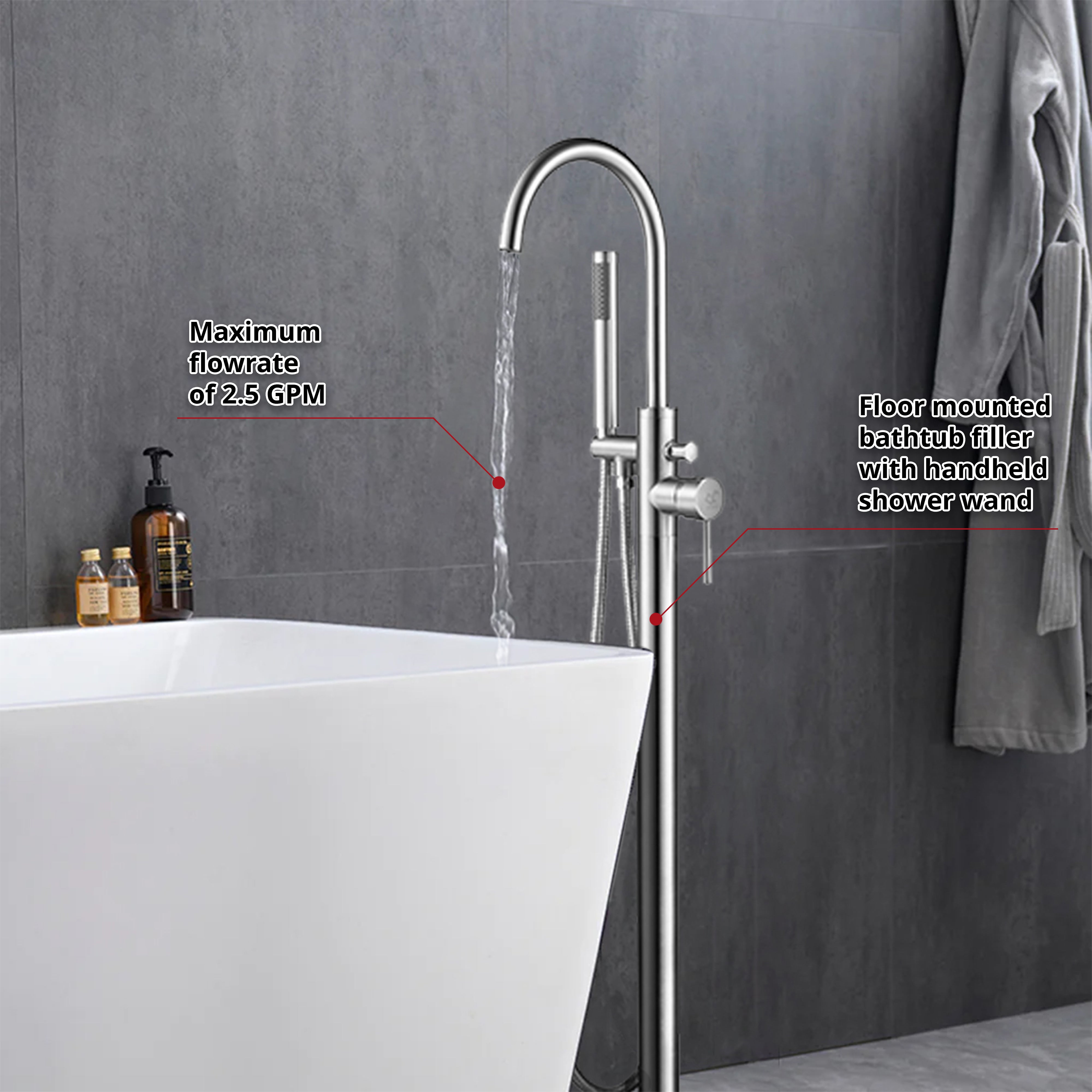 Lago Single Handle Freestanding Floor Mount Tub Faucet Bathtub Filler with Hand Shower