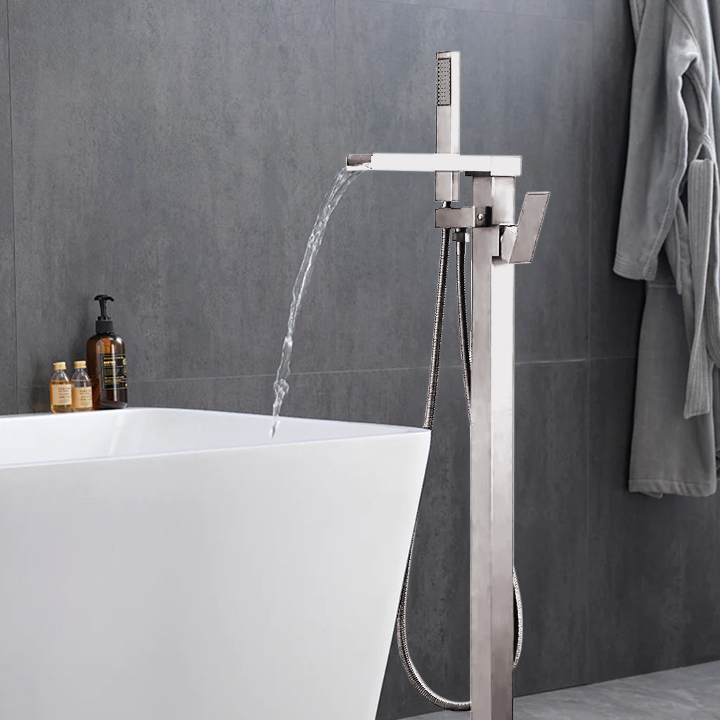 Cascata Single Handle Freestanding Floor Mount Tub Faucet Bathtub Filler with Hand Shower