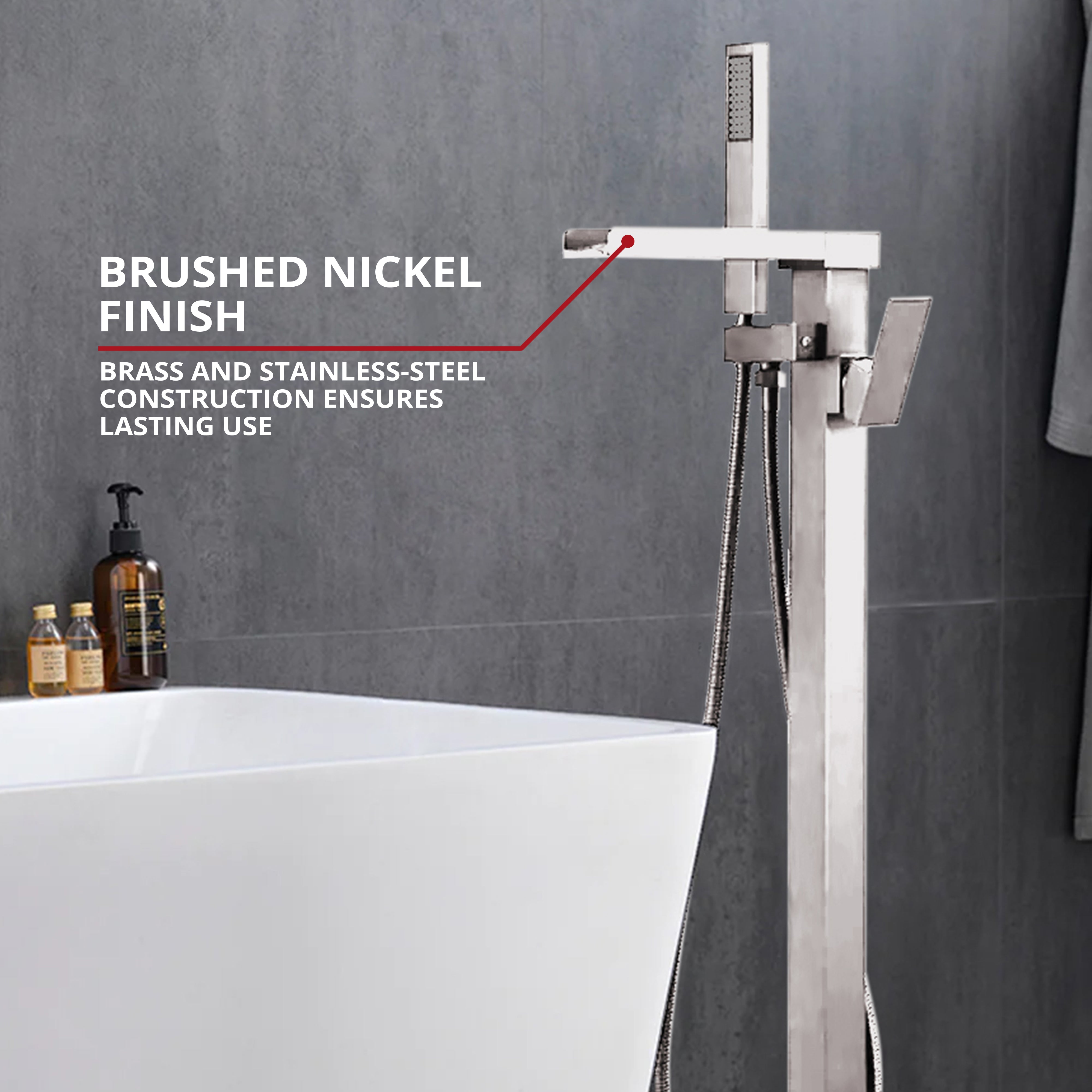 Cascata Single Handle Freestanding Floor Mount Tub Faucet Bathtub Filler with Hand Shower