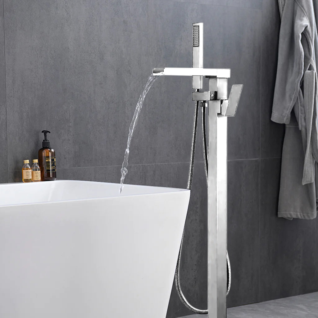 Cascata Single Handle Freestanding Floor Mount Tub Faucet Bathtub Filler with Hand Shower