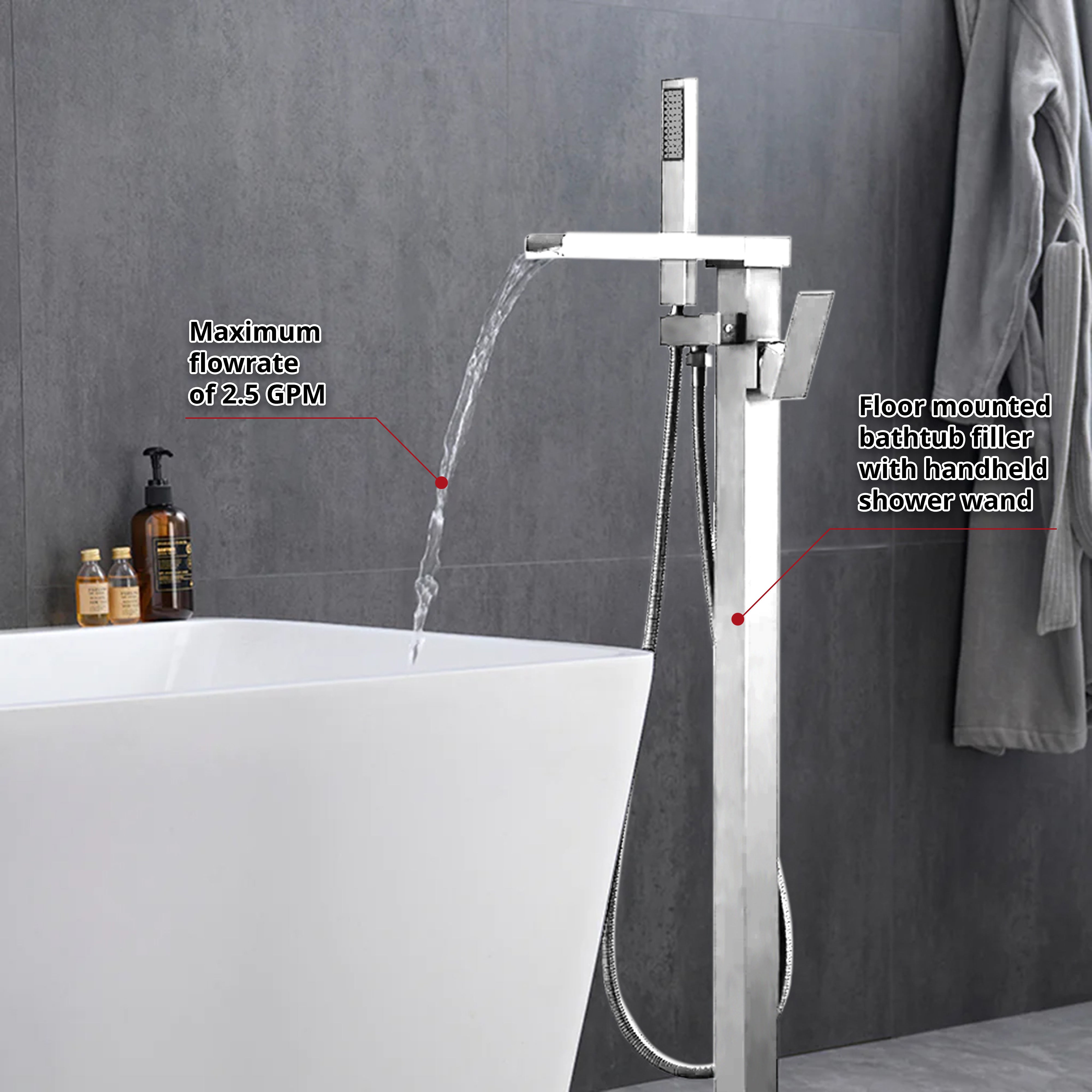 Cascata Single Handle Freestanding Floor Mount Tub Faucet Bathtub Filler with Hand Shower