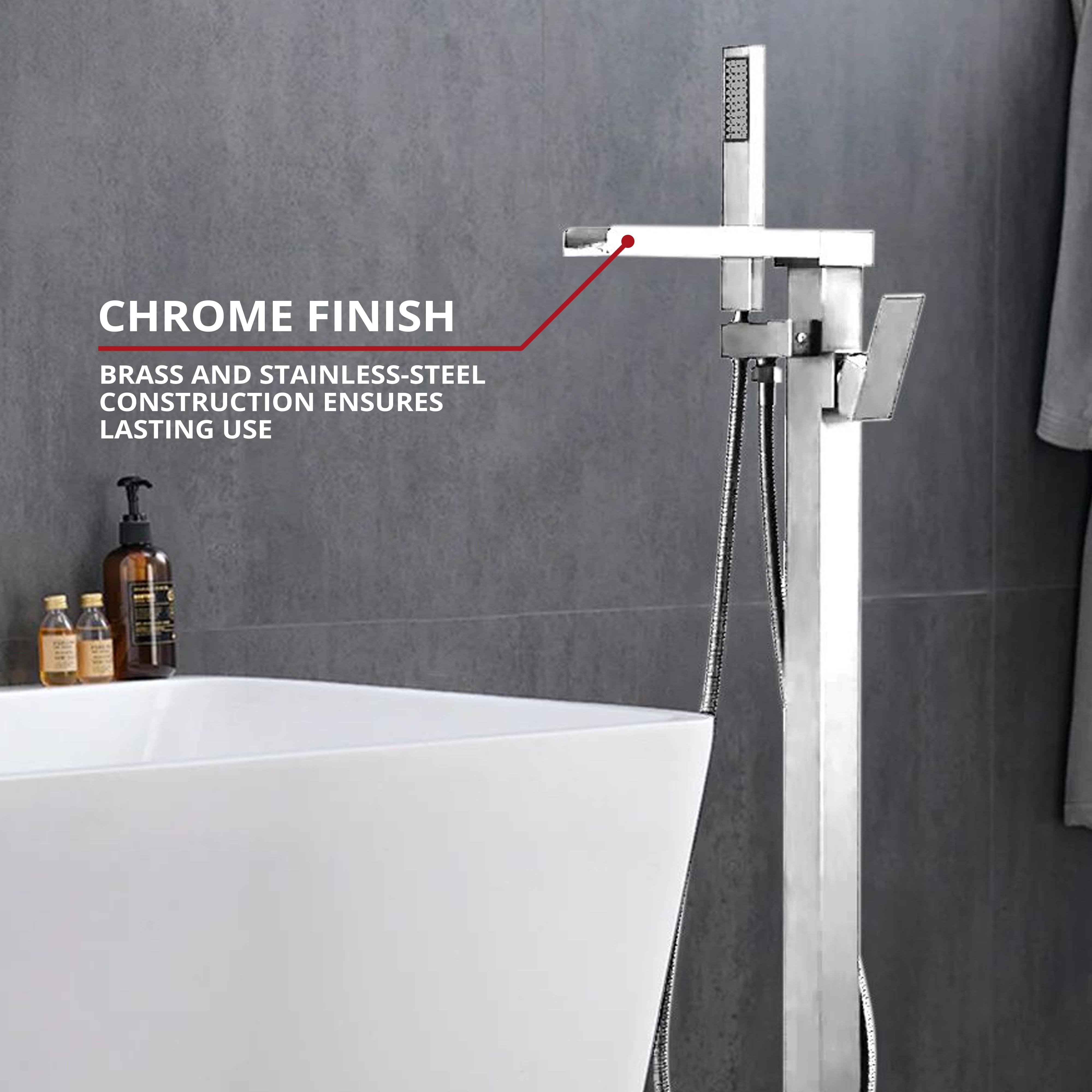 Cascata Single Handle Freestanding Floor Mount Tub Faucet Bathtub Filler with Hand Shower