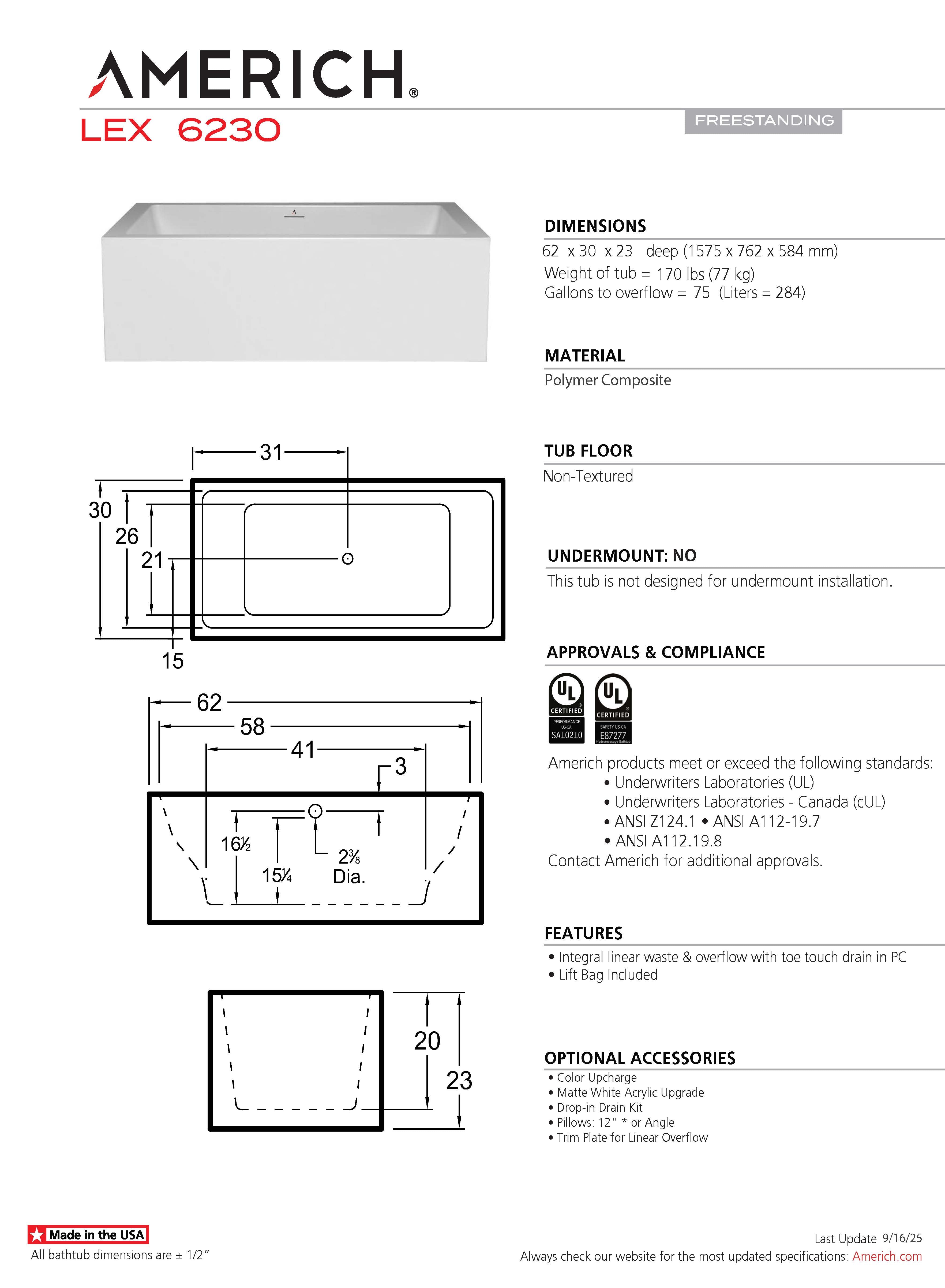 Americh Lex 6230 - Tub Only Freestanding Bathtub LX6230T-WH