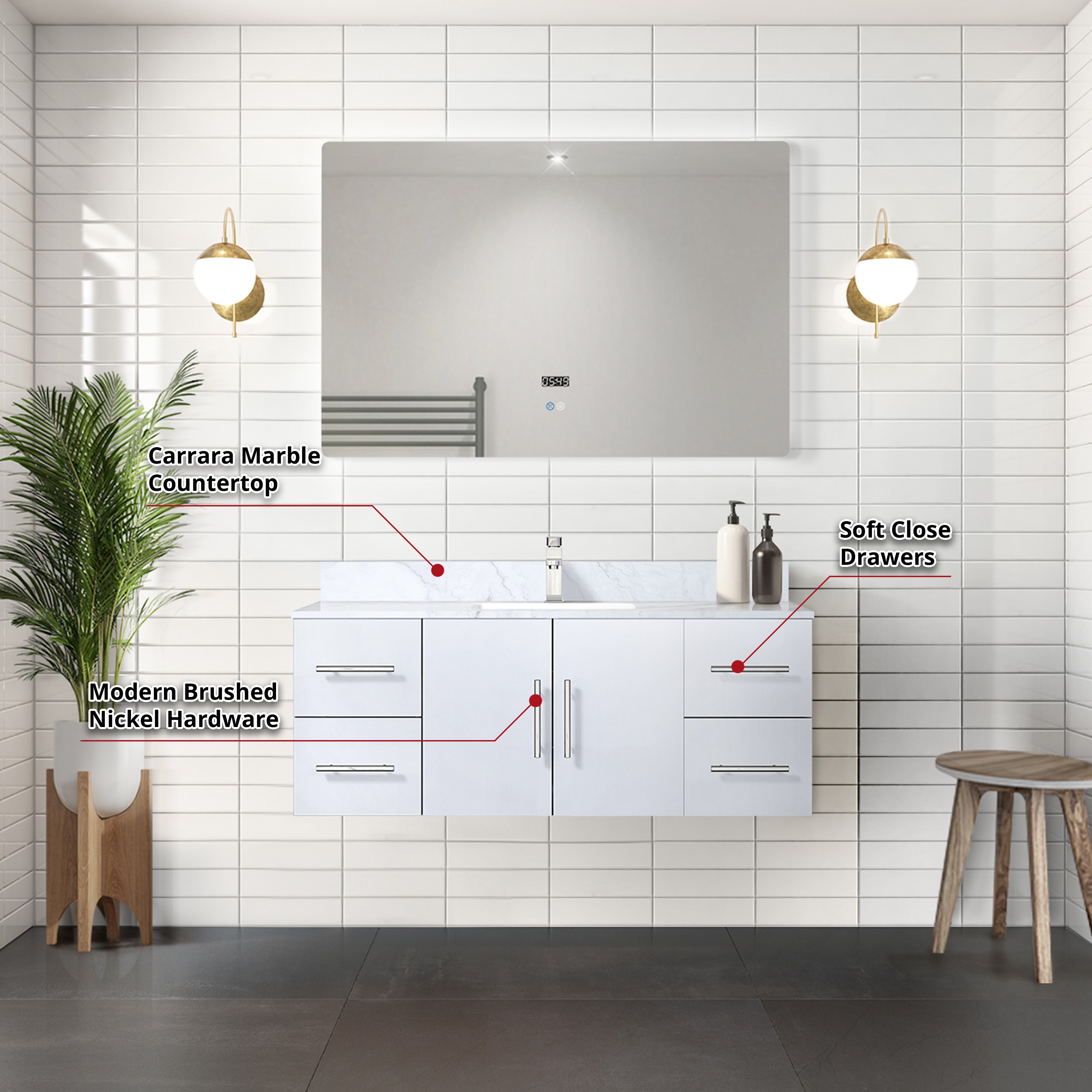 Geneva 48 in. W x 22 in. D Glossy White Bath Vanity