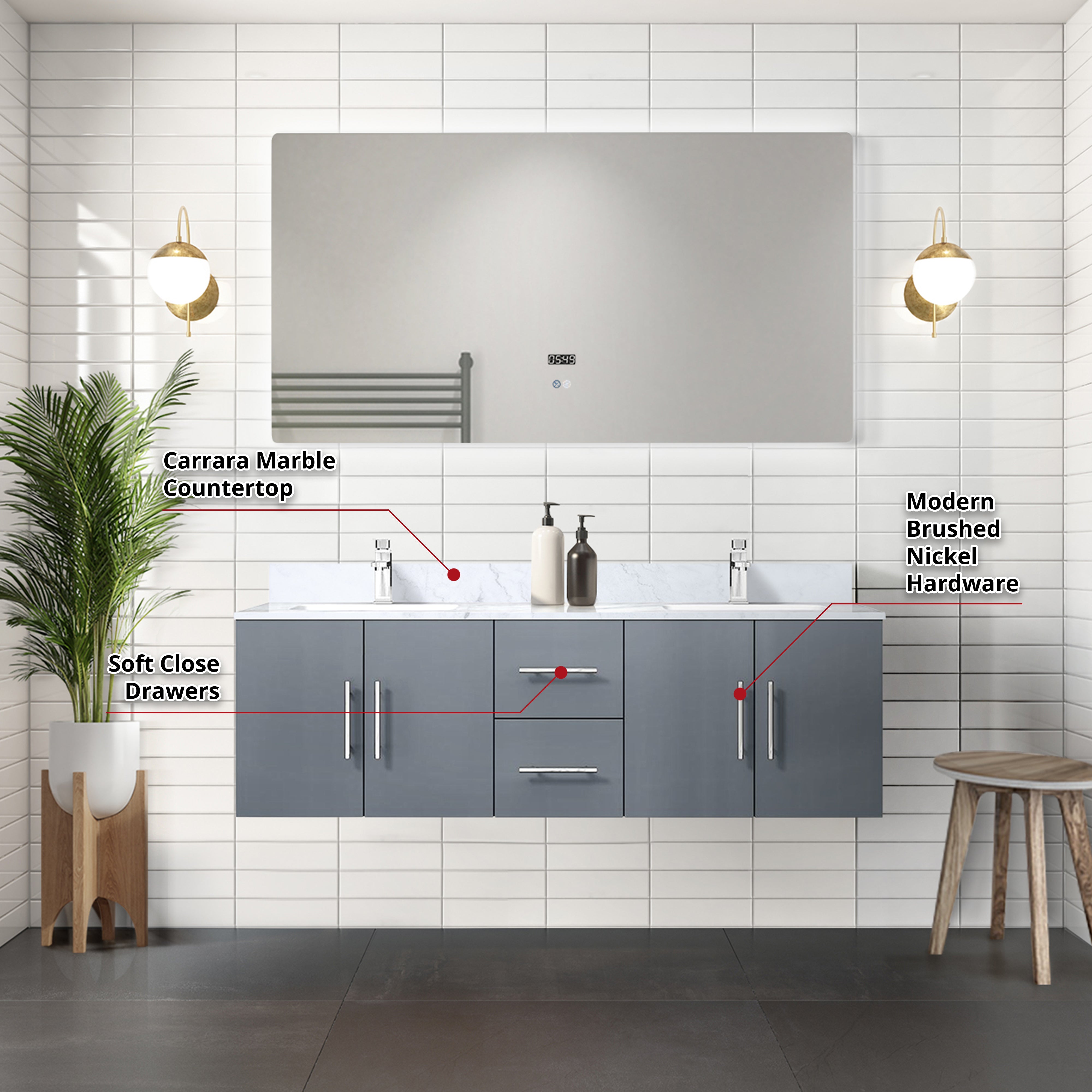 Geneva 60 in. W x 22 in. D Dark Grey Double Bath Vanity