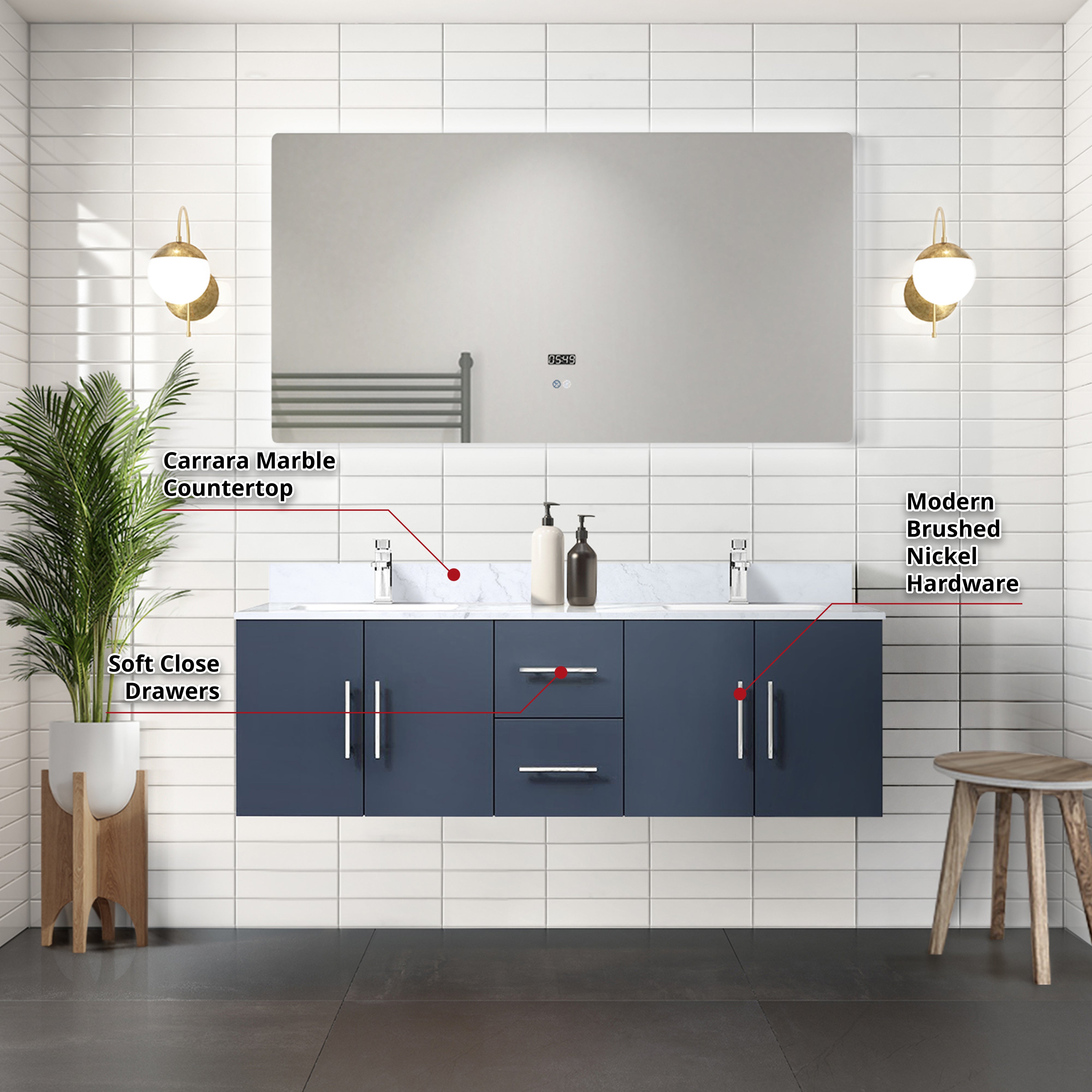 Geneva 60 in. W x 22 in. D Navy Blue Double Bath Vanity