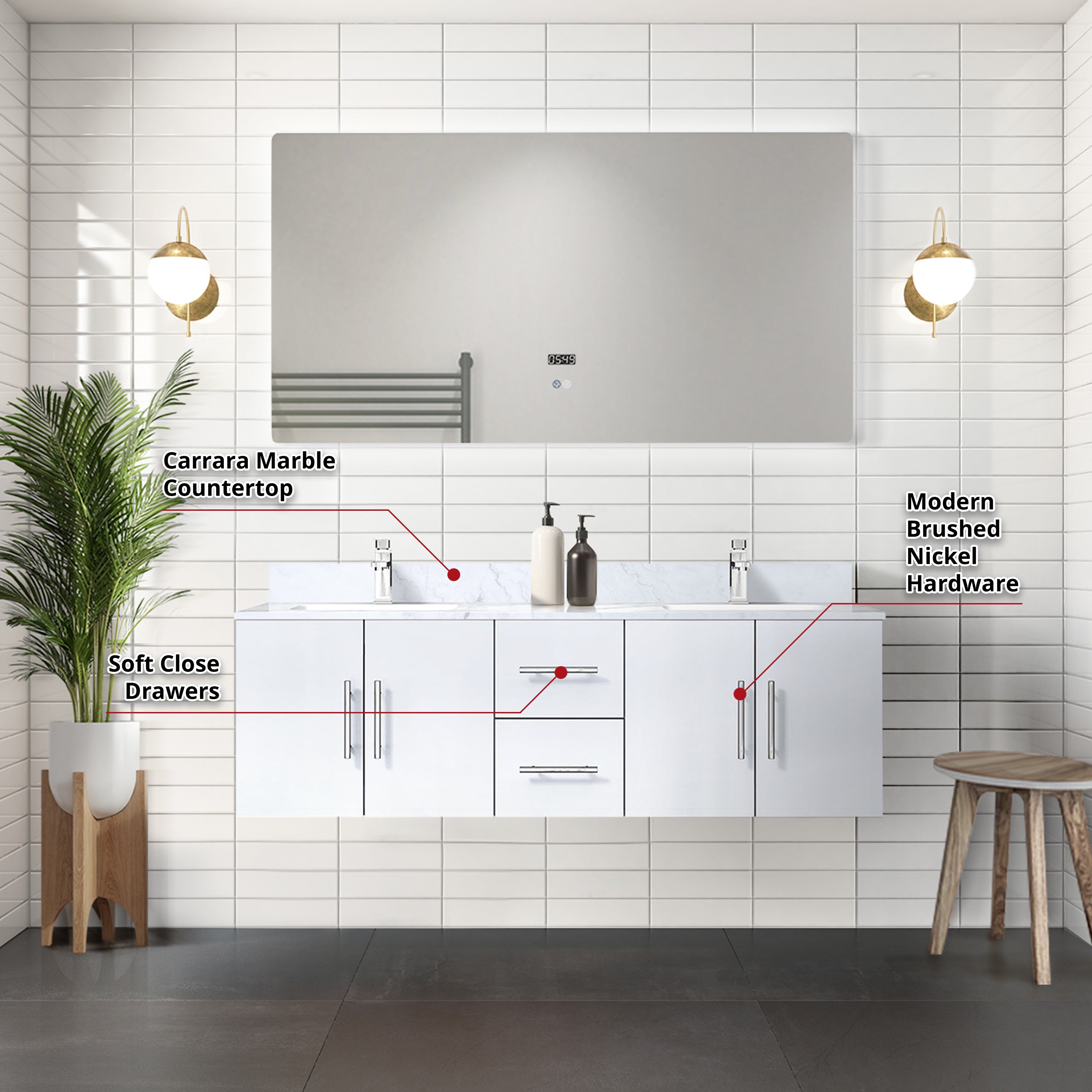 Geneva 60 in. W x 22 in. D Glossy White Double Bath Vanity