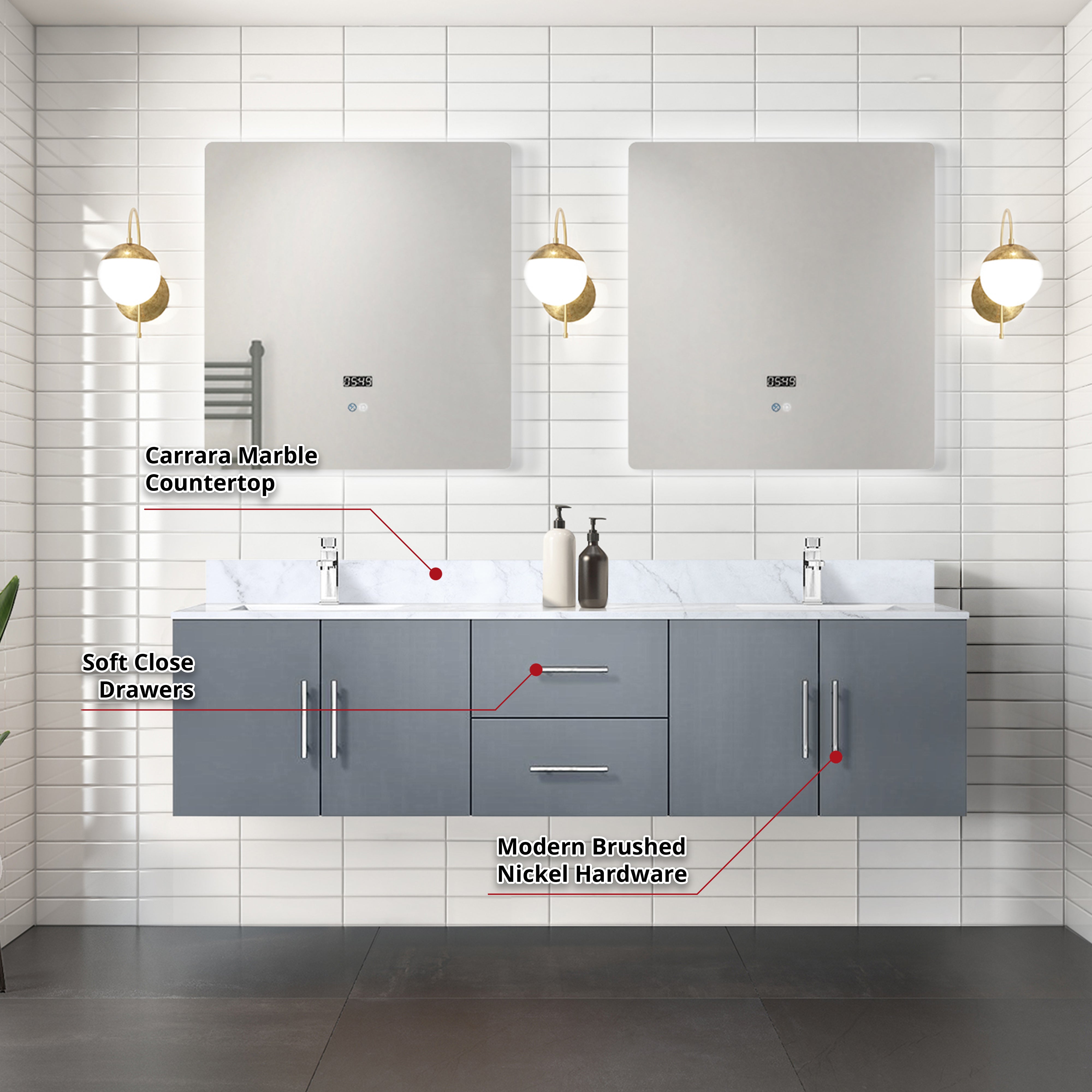Geneva 72 in. W x 22 in. D Dark Grey Double Bath Vanity