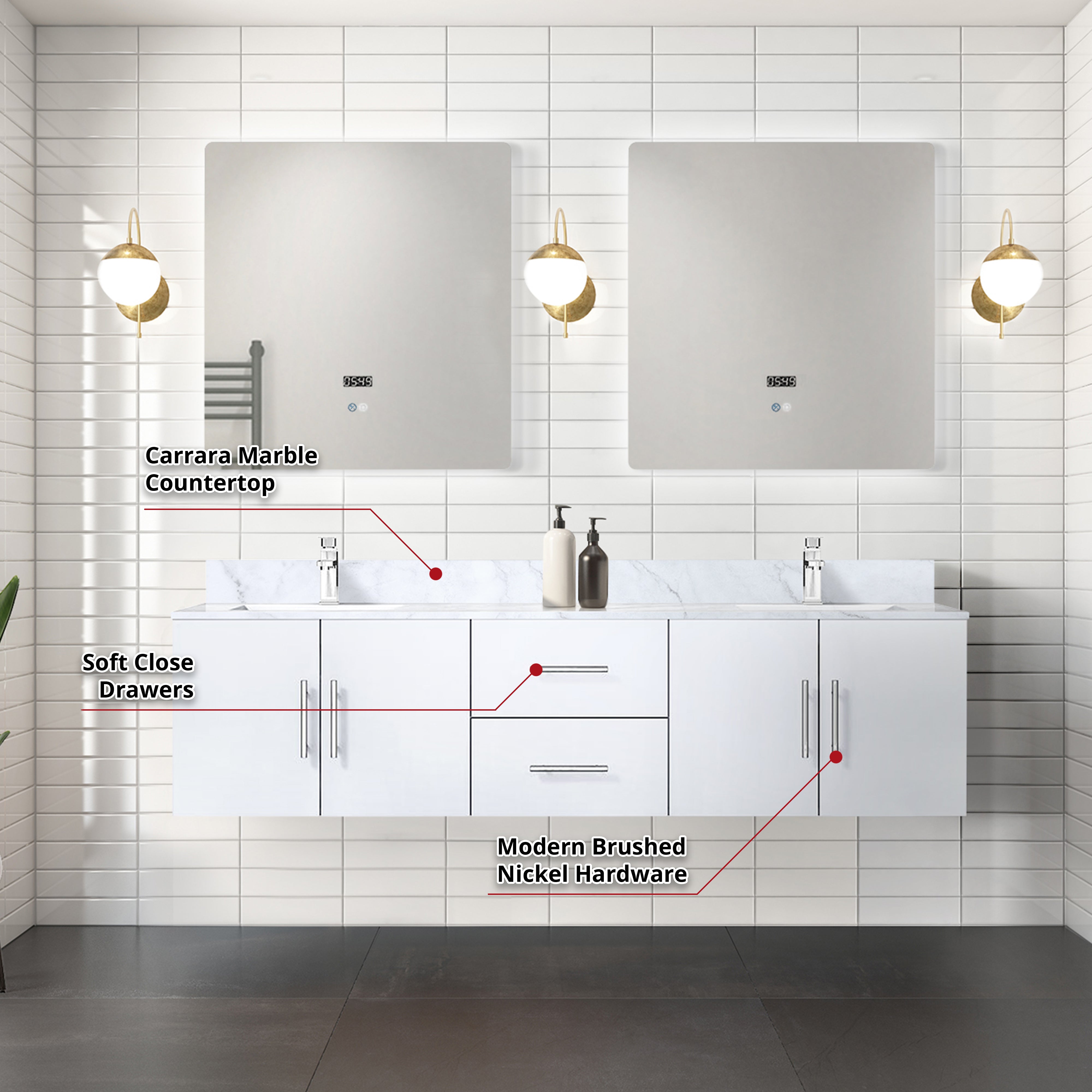 Geneva 72 in. W x 22 in. D Glossy White Double Bath Vanity