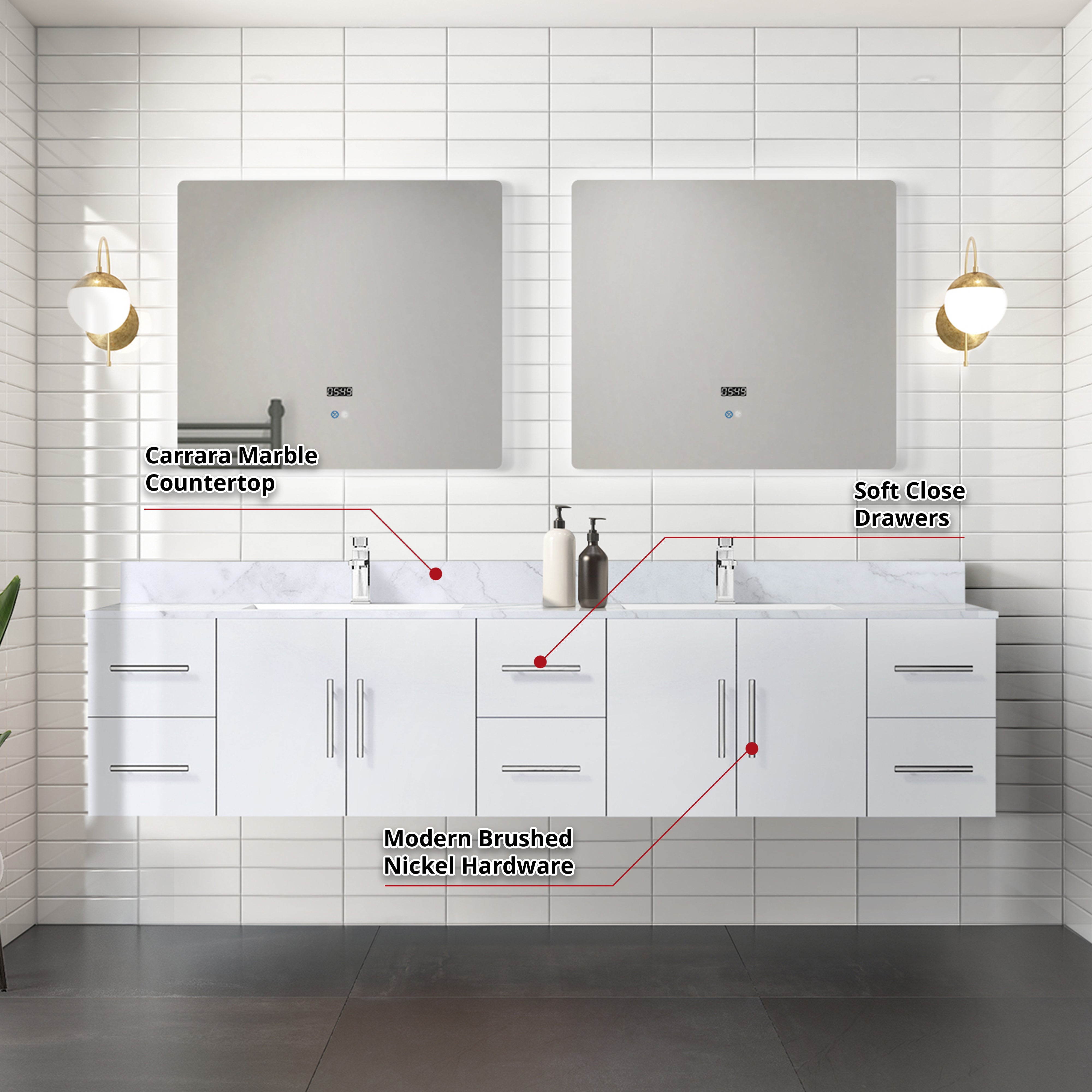 Geneva 84 in. W x 22 in. D Glossy White Double Bath Vanity