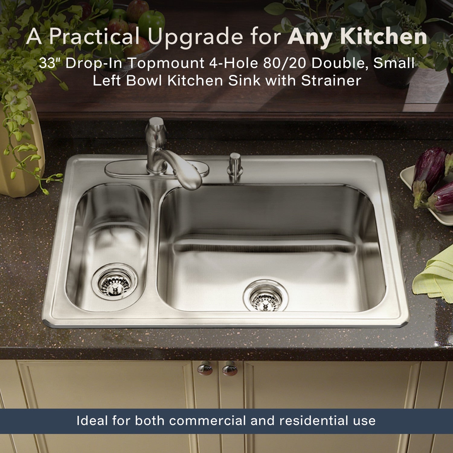 Houzer Legend 33" Stainless Steel Topmount 4-hole 80/20 Double Small Left Bowl Kitchen Sink - LHD-3322