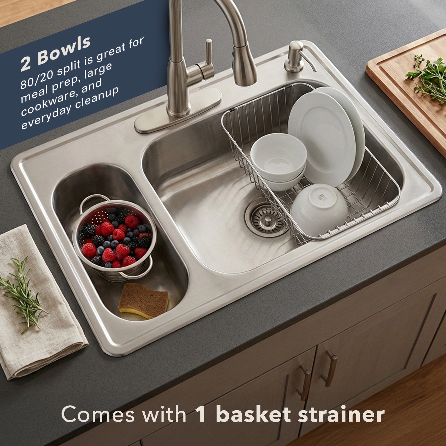 Houzer Legend 33" Stainless Steel Topmount 4-hole 80/20 Double Small Left Bowl Kitchen Sink - LHD-3322