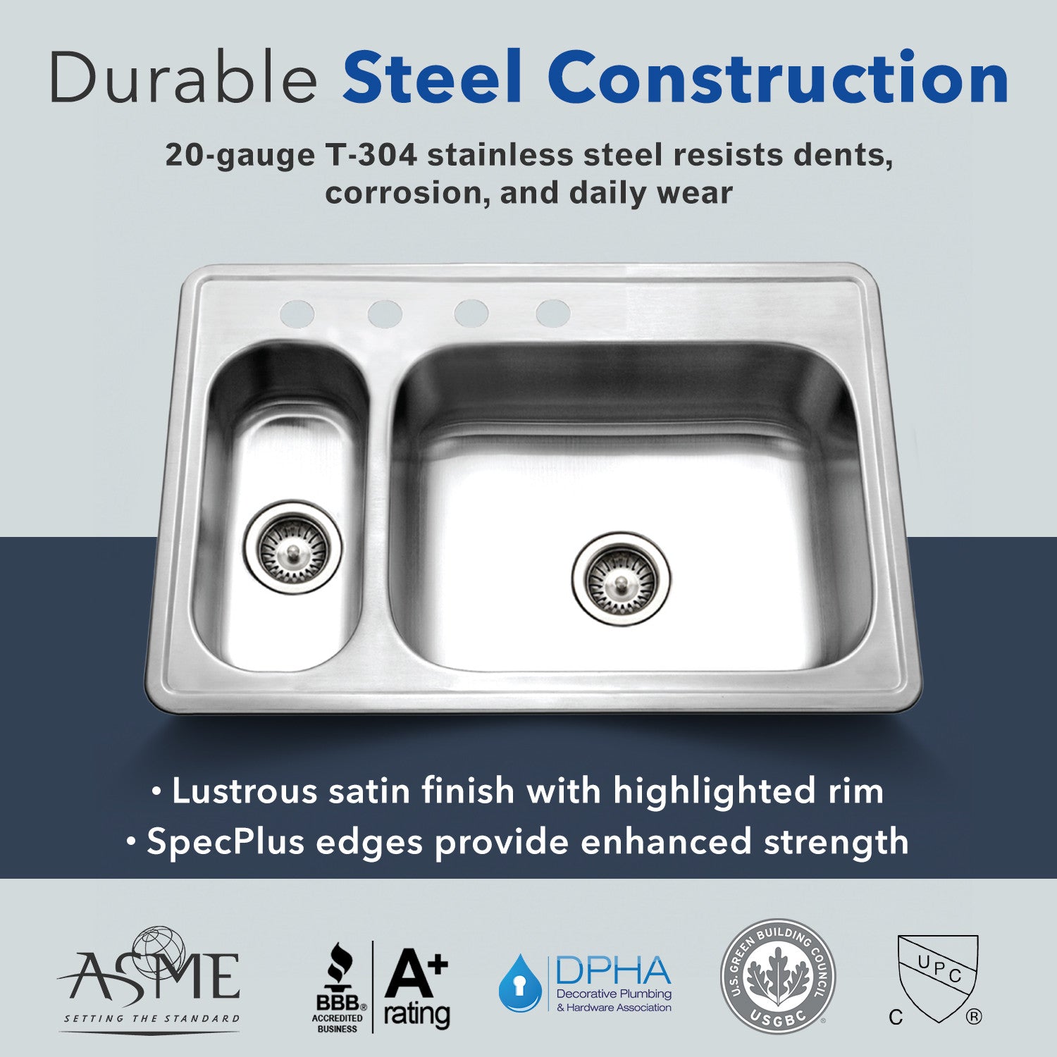 Houzer Legend 33" Stainless Steel Topmount 4-hole 80/20 Double Small Left Bowl Kitchen Sink - LHD-3322