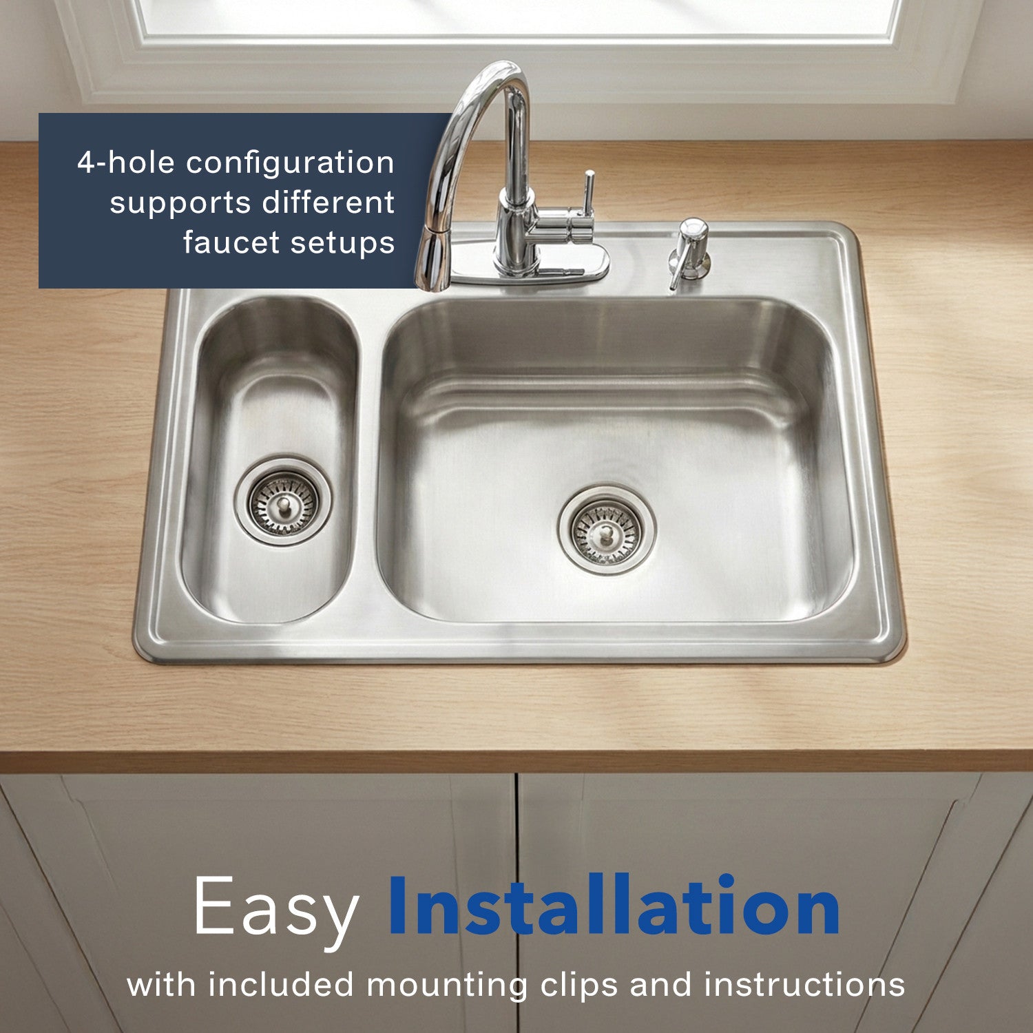 Houzer Legend 33" Stainless Steel Topmount 4-hole 80/20 Double Small Left Bowl Kitchen Sink - LHD-3322