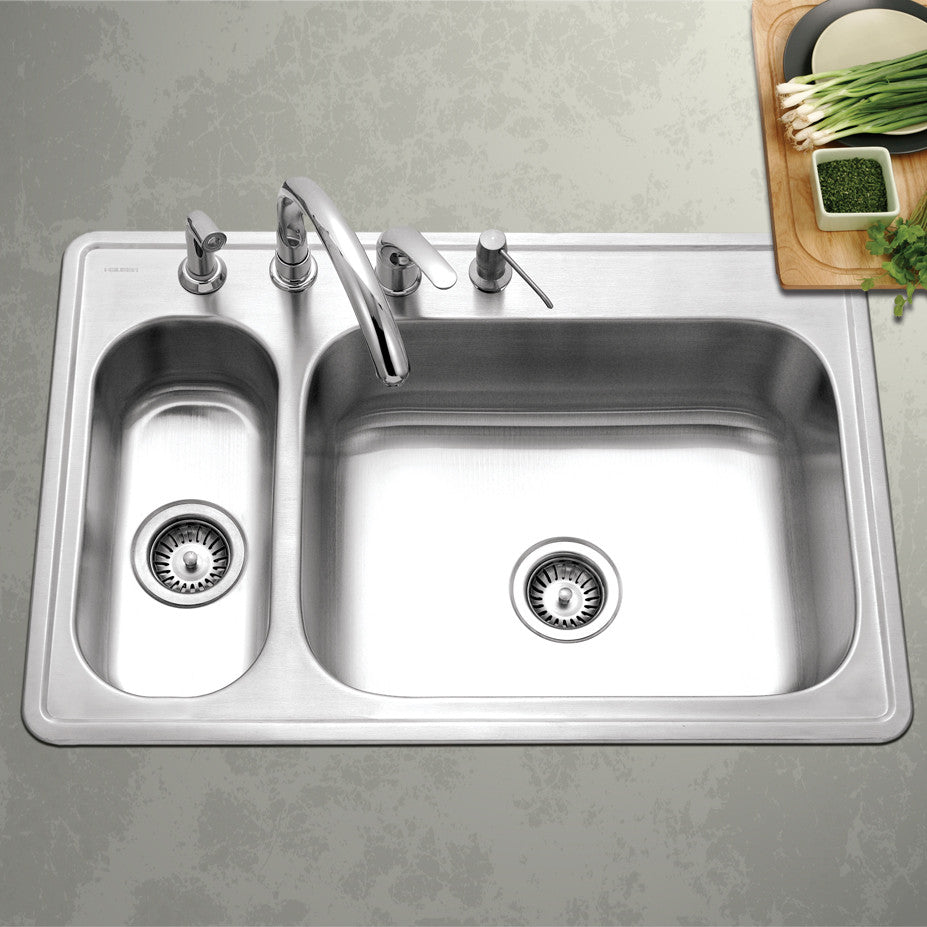 Houzer Legend 33" Stainless Steel Topmount 4-hole 80/20 Double Small Left Bowl Kitchen Sink - LHD-3322