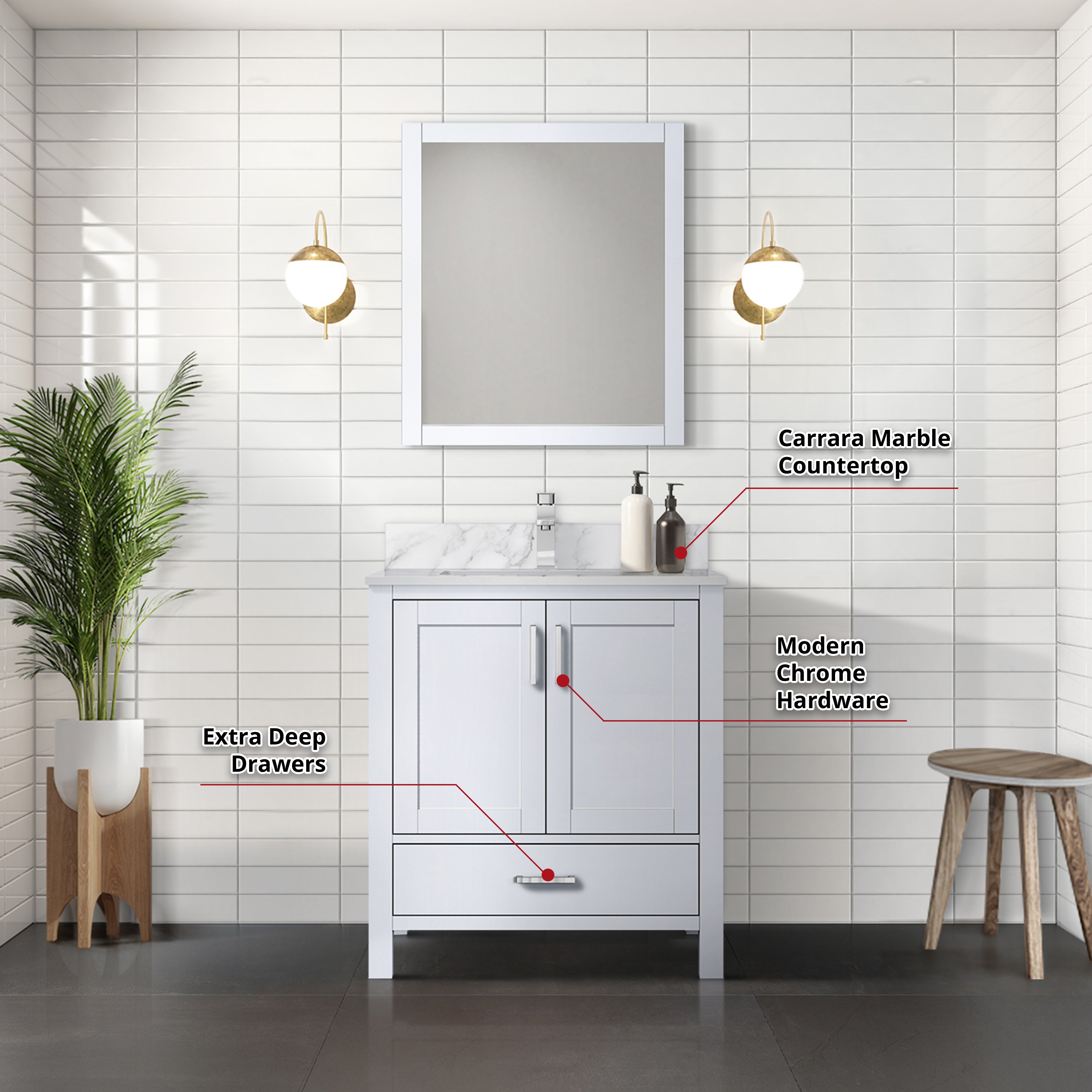 Lexora Jacques 30" White Bathroom Vanity | Modern Solid Wood Cabinet