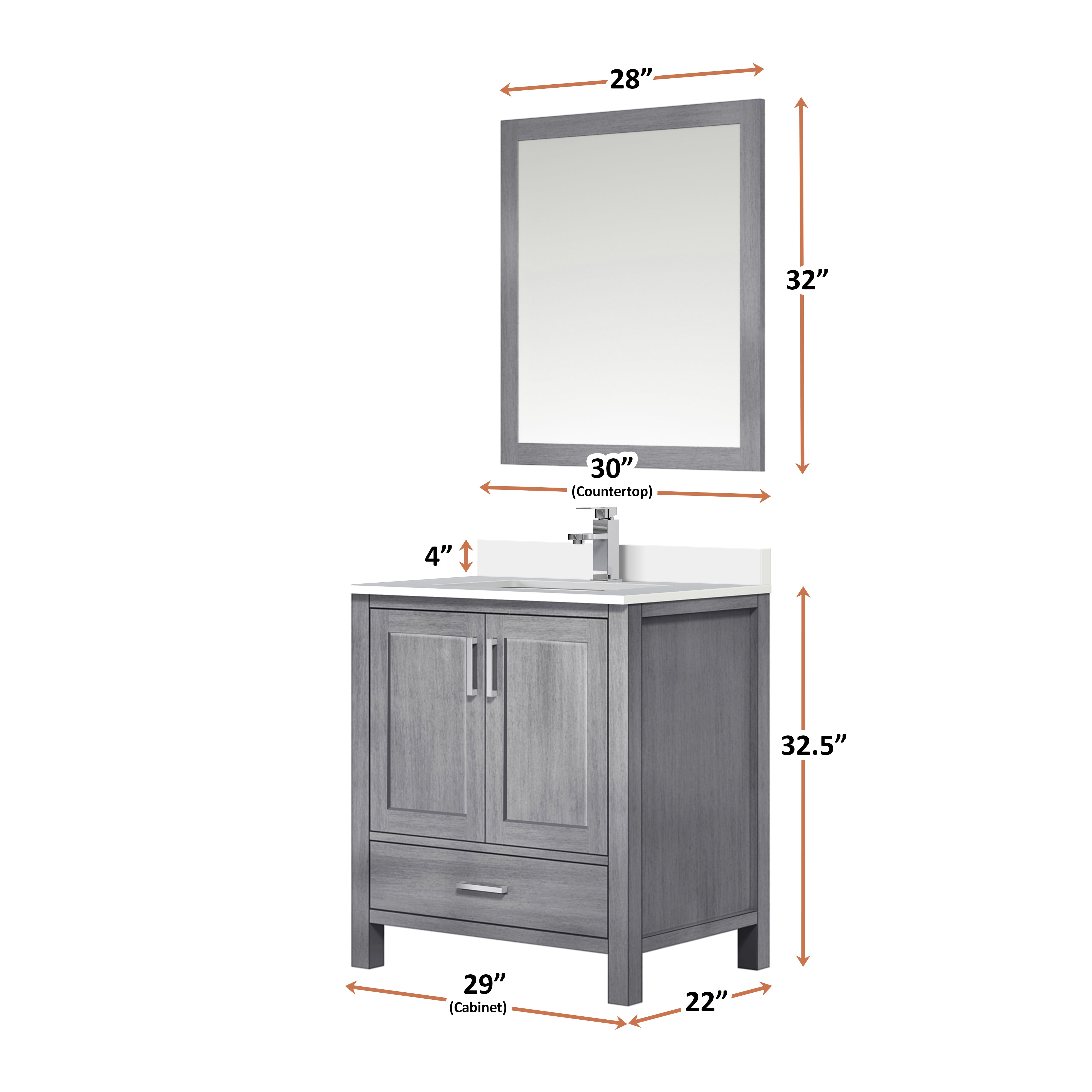 Lexora Jacques 30" Distressed Grey Bathroom Vanity – Solid Wood, Mid-Century Freestanding Storage Cabinet
