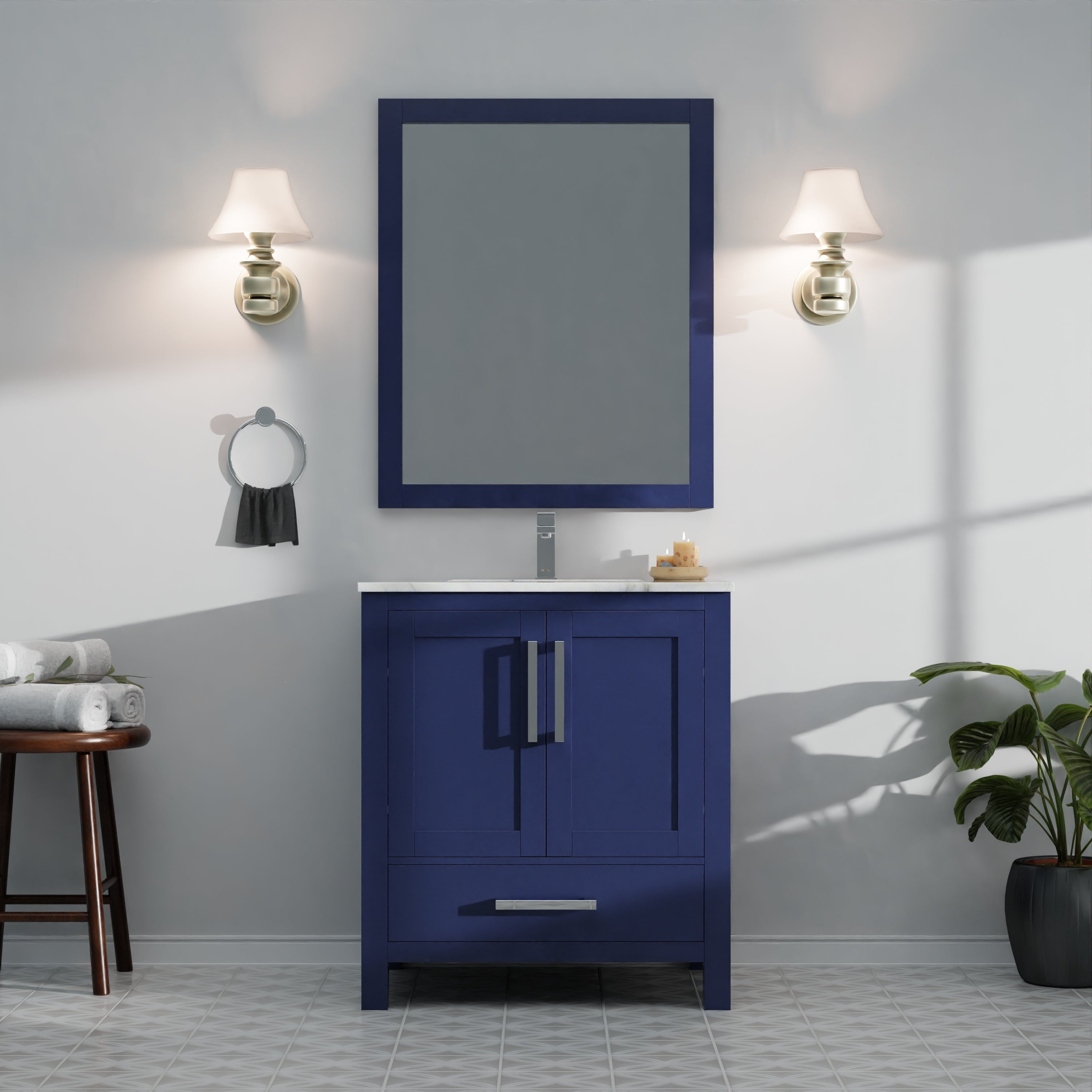 Lexora Jacques 30" Navy Blue Bathroom Vanity | Solid Wood Cabinet