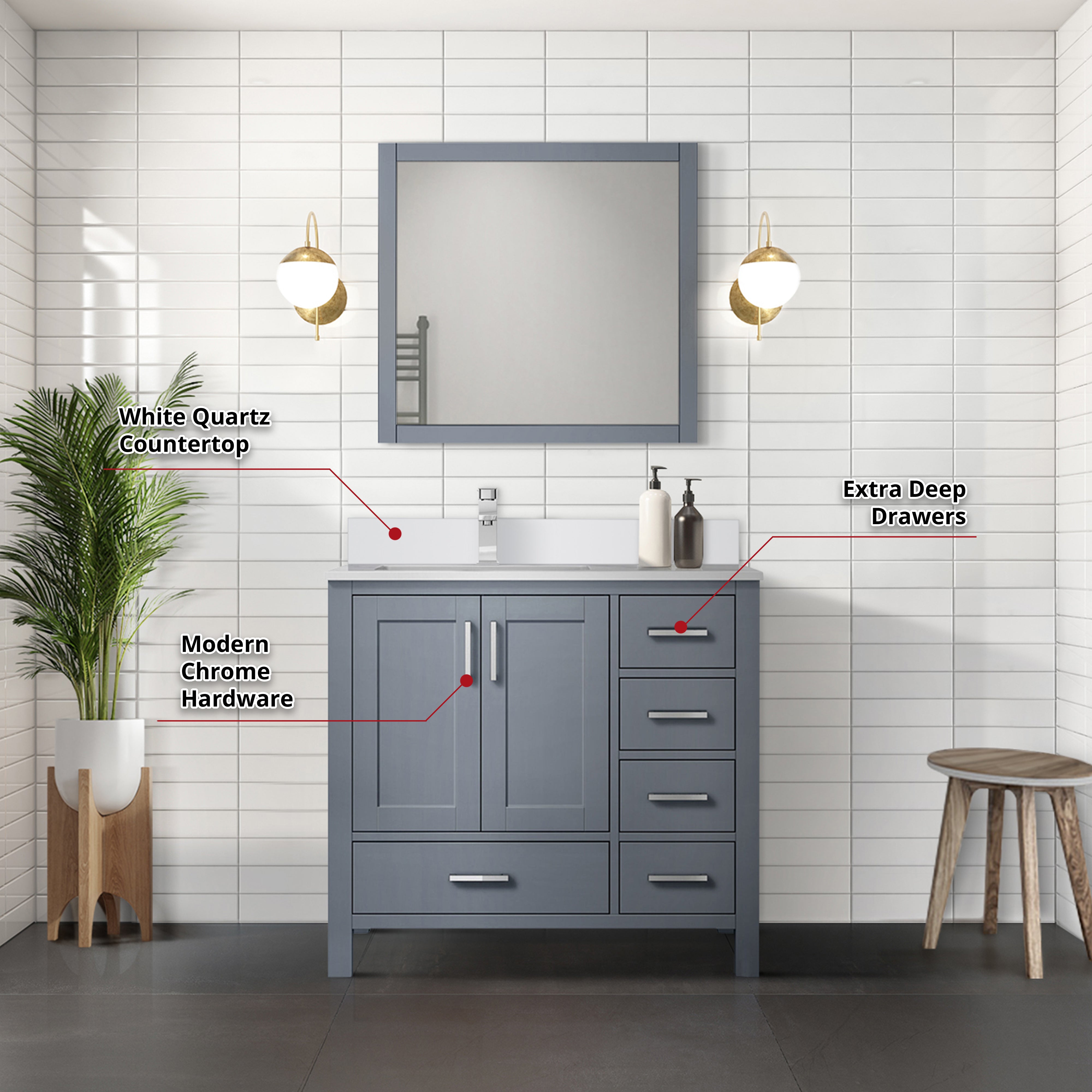 Lexora Jacques 36" Dark Grey Left-Offset Bathroom Vanity | Solid Wood