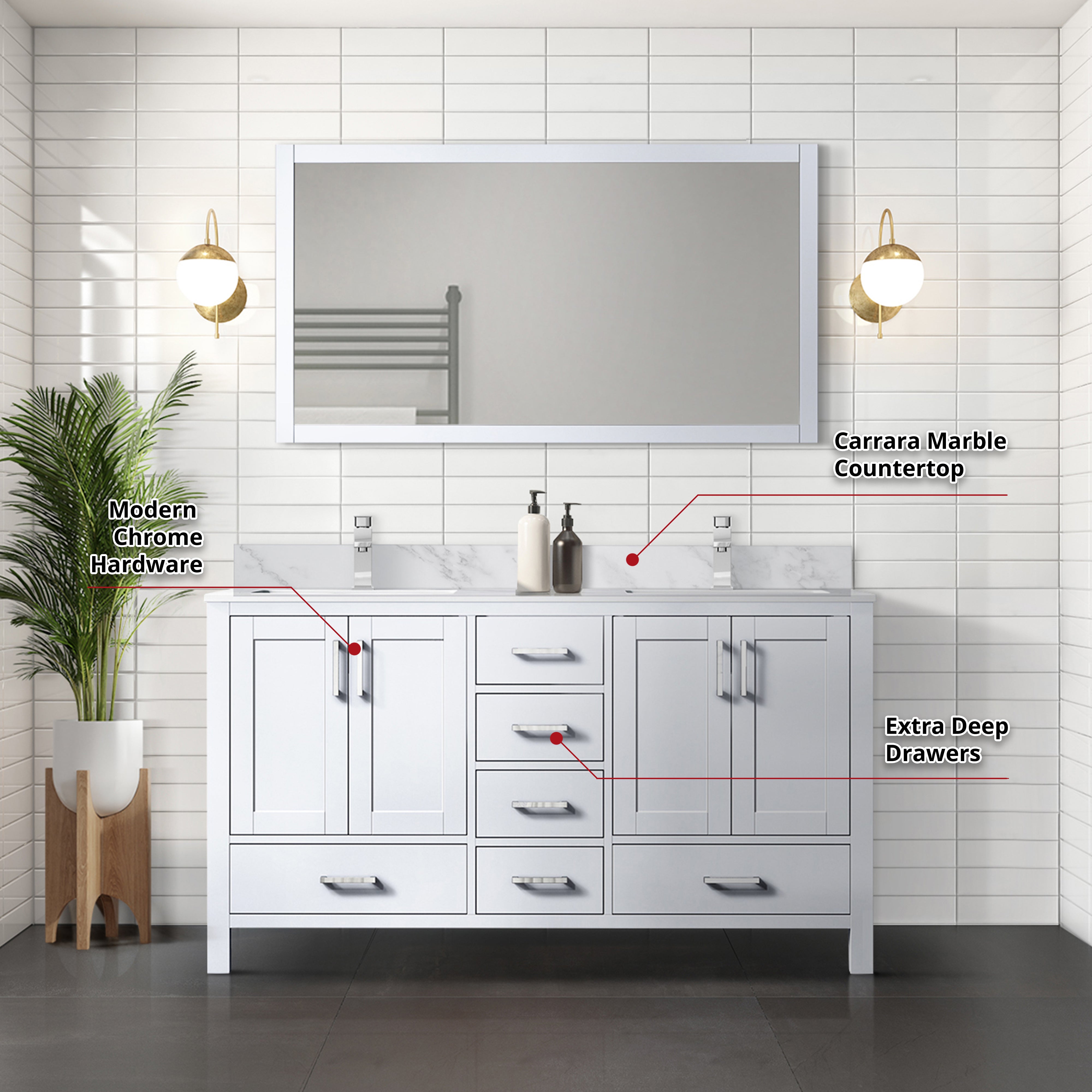 Jacques 60 in. W x 22 in. D White Double Bath Vanity