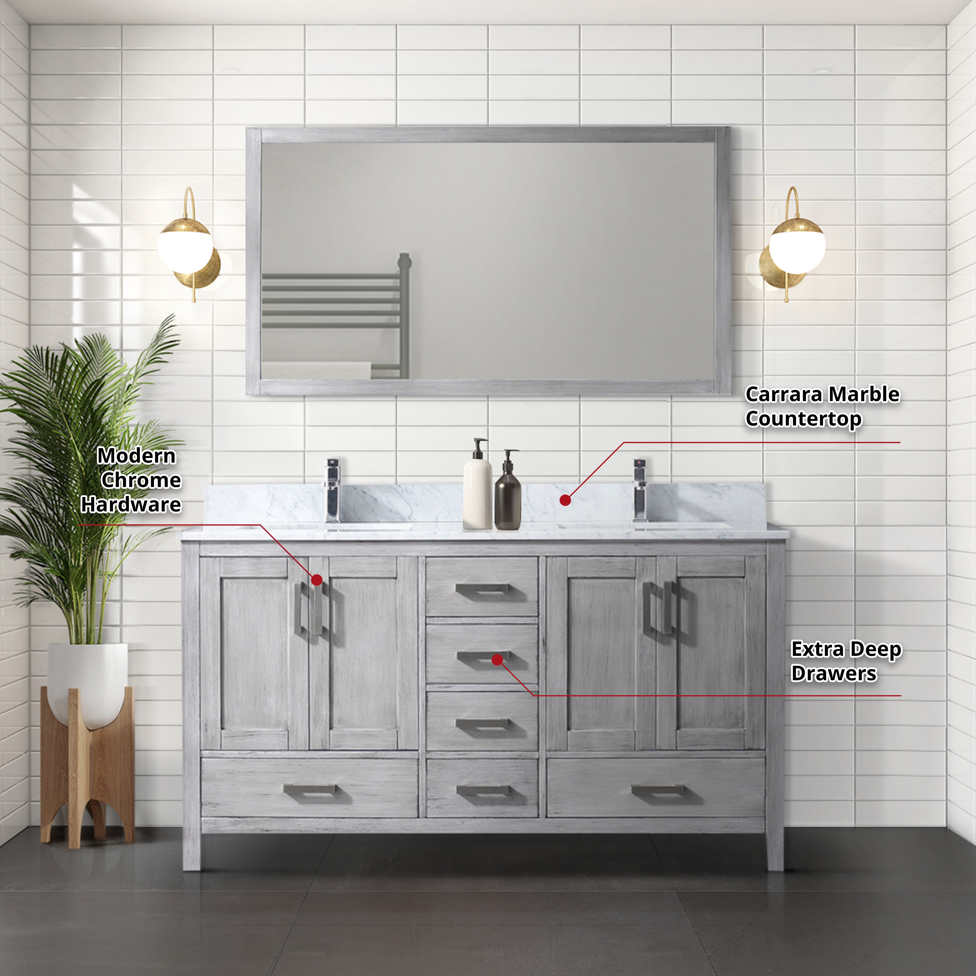 Jacques 60 in. W x 22 in. D Distressed Grey Double Bath Vanity