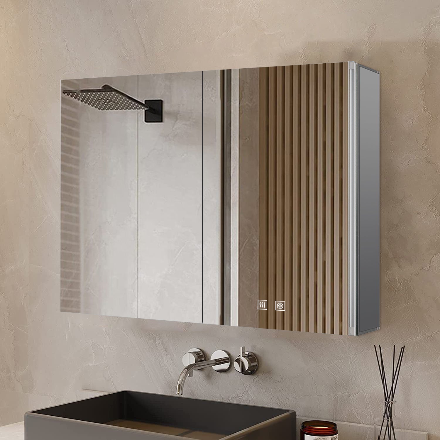 Corsica 36 in W x 28 in H Surface-Mount LED Mirror Medicine Cabinet with Defogger