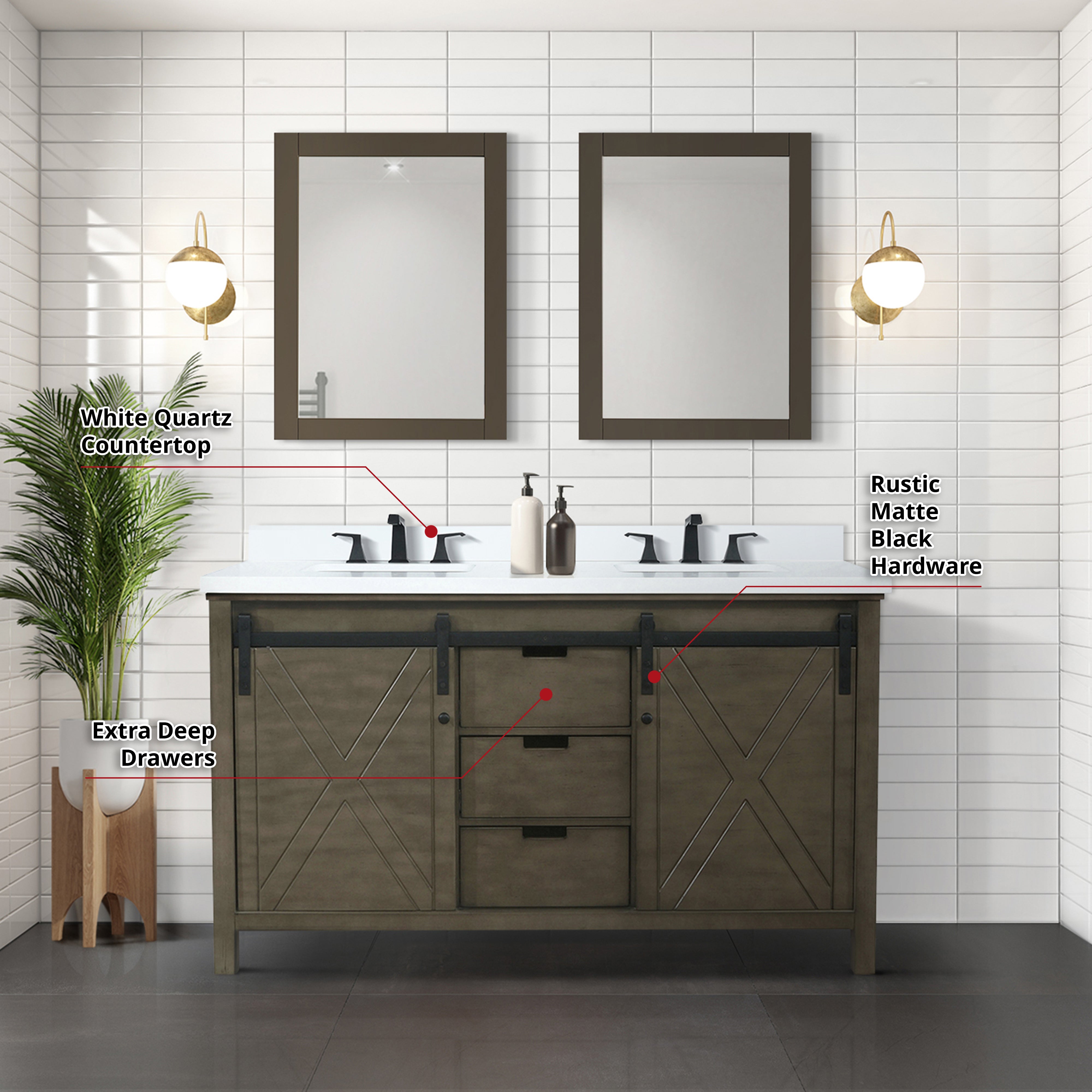 Marsyas 60 in W x 22 in D Rustic Brown Double Bath Vanity