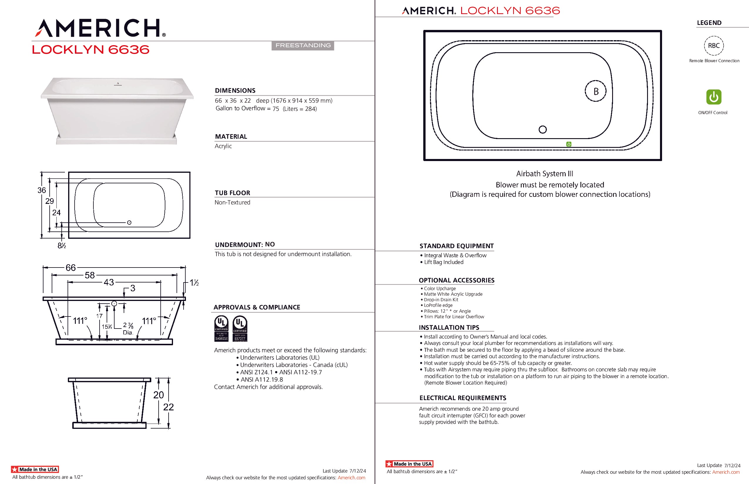 Americh Locklyn 6636 - Tub Only Freestanding Bathtub LK6636T-WH