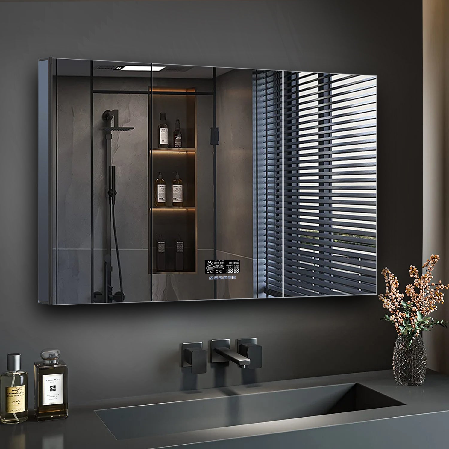 Savera 48 in. W x 32 in. H Recessed or Surface-Mount LED Mirror Medicine Cabinet with Defogger