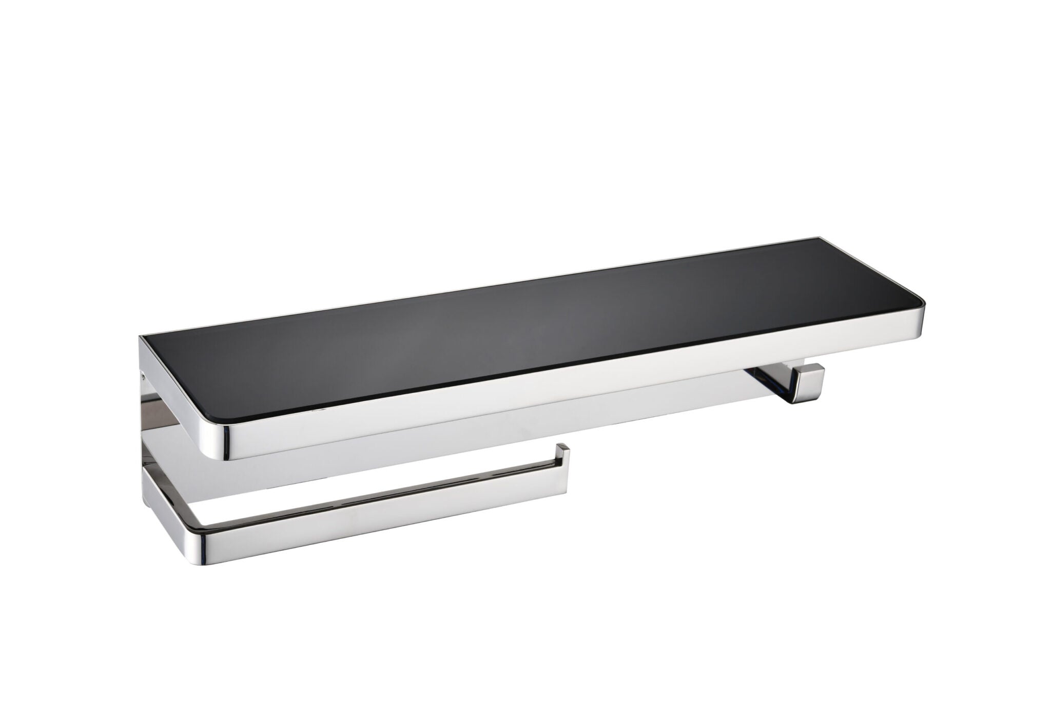 Bagno Bianca Stainless Steel Black Glass Shelf with Towel Bar & Robe Hook