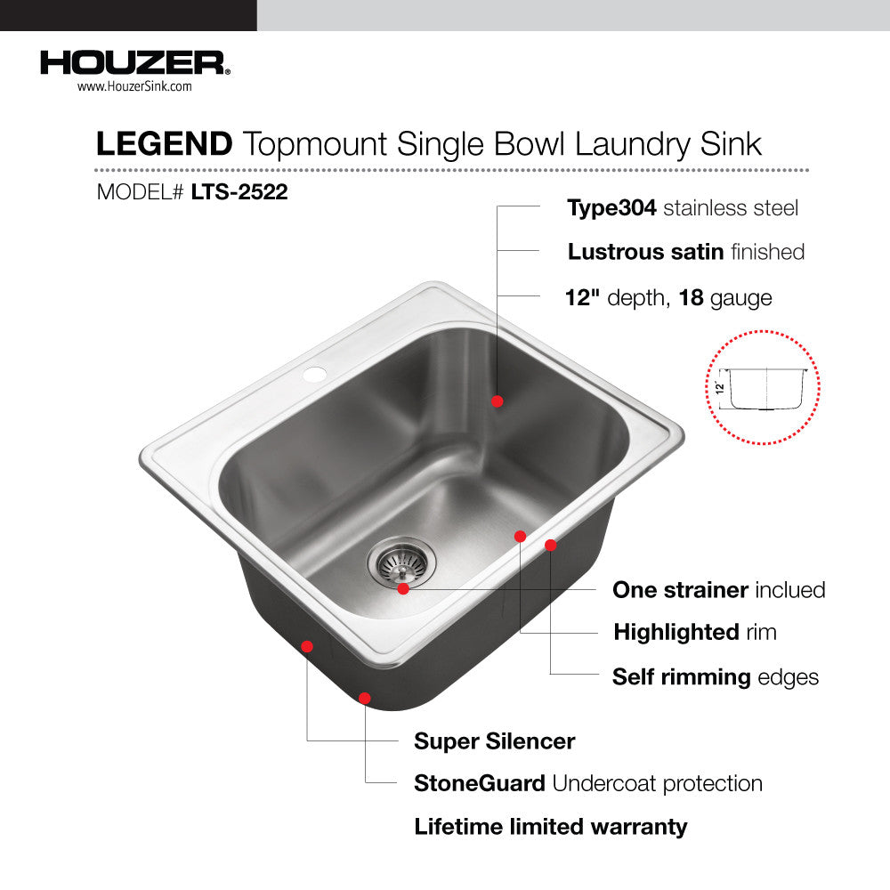 Houzer Laundry 25 inch Stainless Steel Drop-in Topmount 1-hole Single Bowl Sink 12 inch Deep Laundry Sink - LTS-2522-1