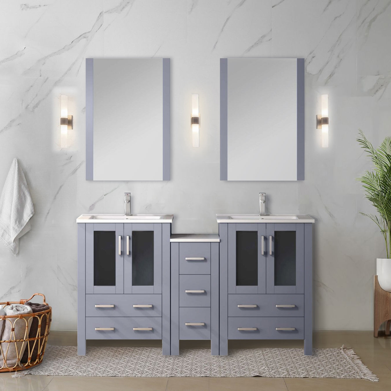 Volez 60 in W Dark Grey Double Bath Vanity with Side Cabinet, Faucet Set, White Ceramic Top, and 22 in Mirrors