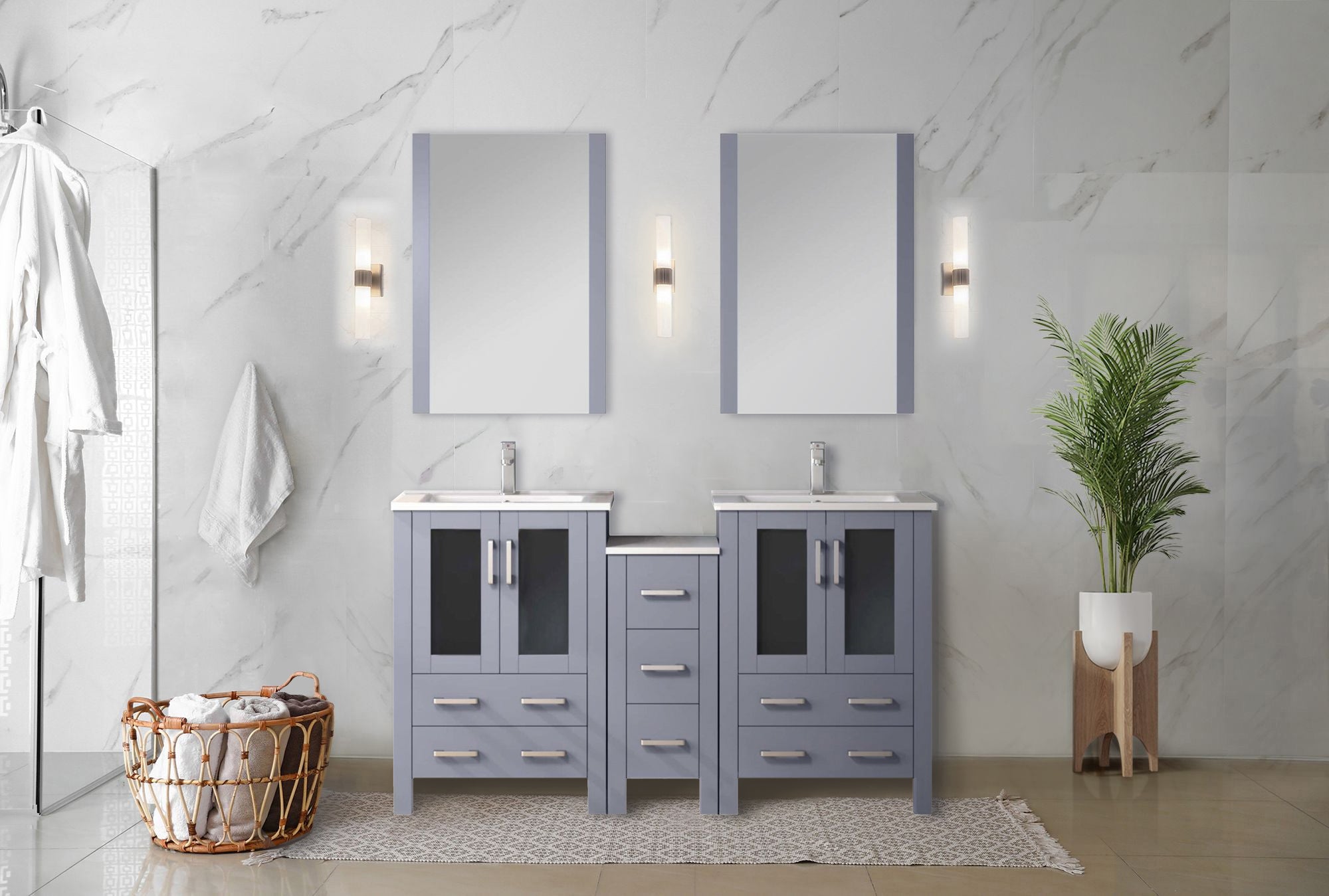 Volez 60 in W Dark Grey Double Bath Vanity with Side Cabinet, Faucet Set, White Ceramic Top, and 22 in Mirrors