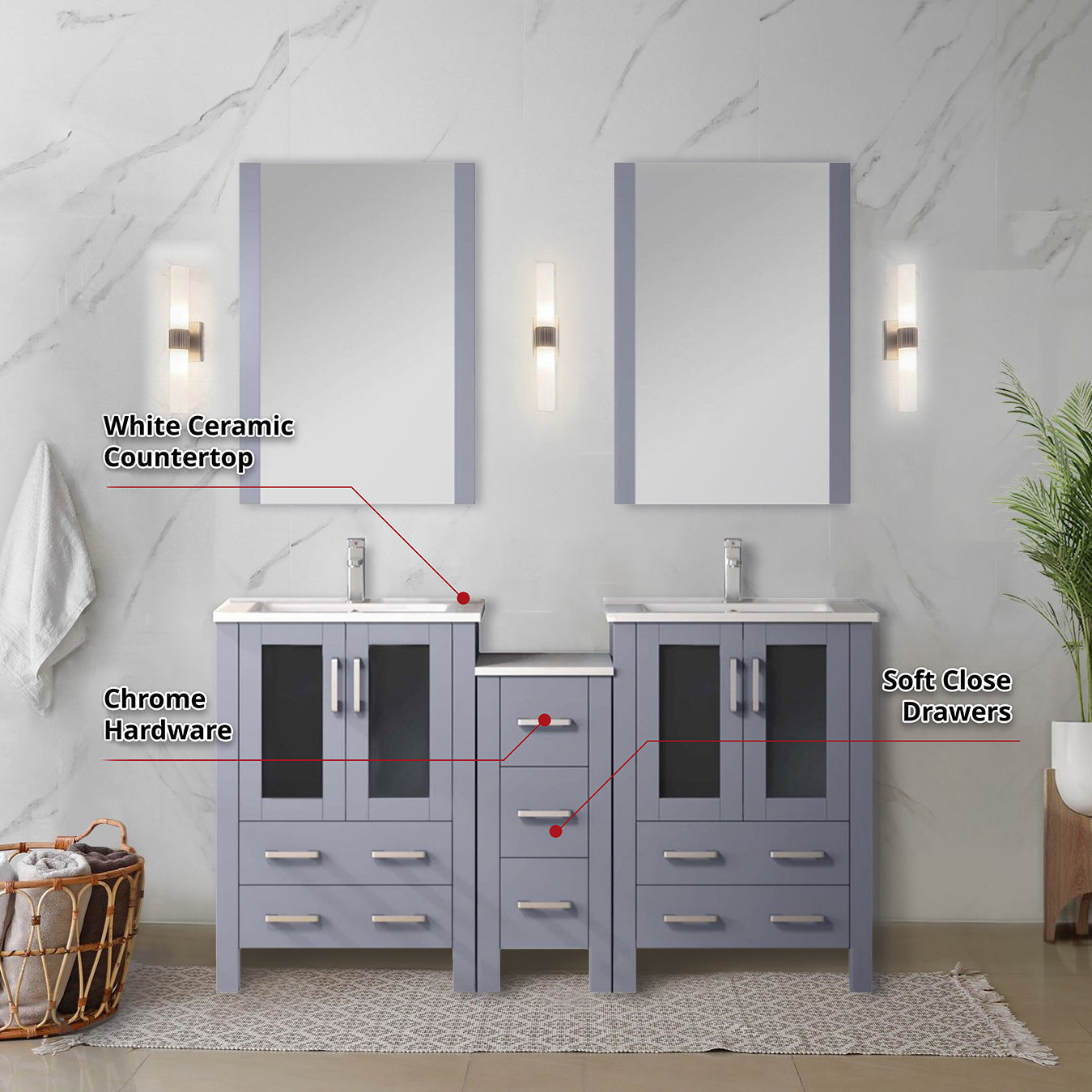 Volez 60 in W Dark Grey Double Bath Vanity with Side Cabinet, Faucet Set, White Ceramic Top, and 22 in Mirrors