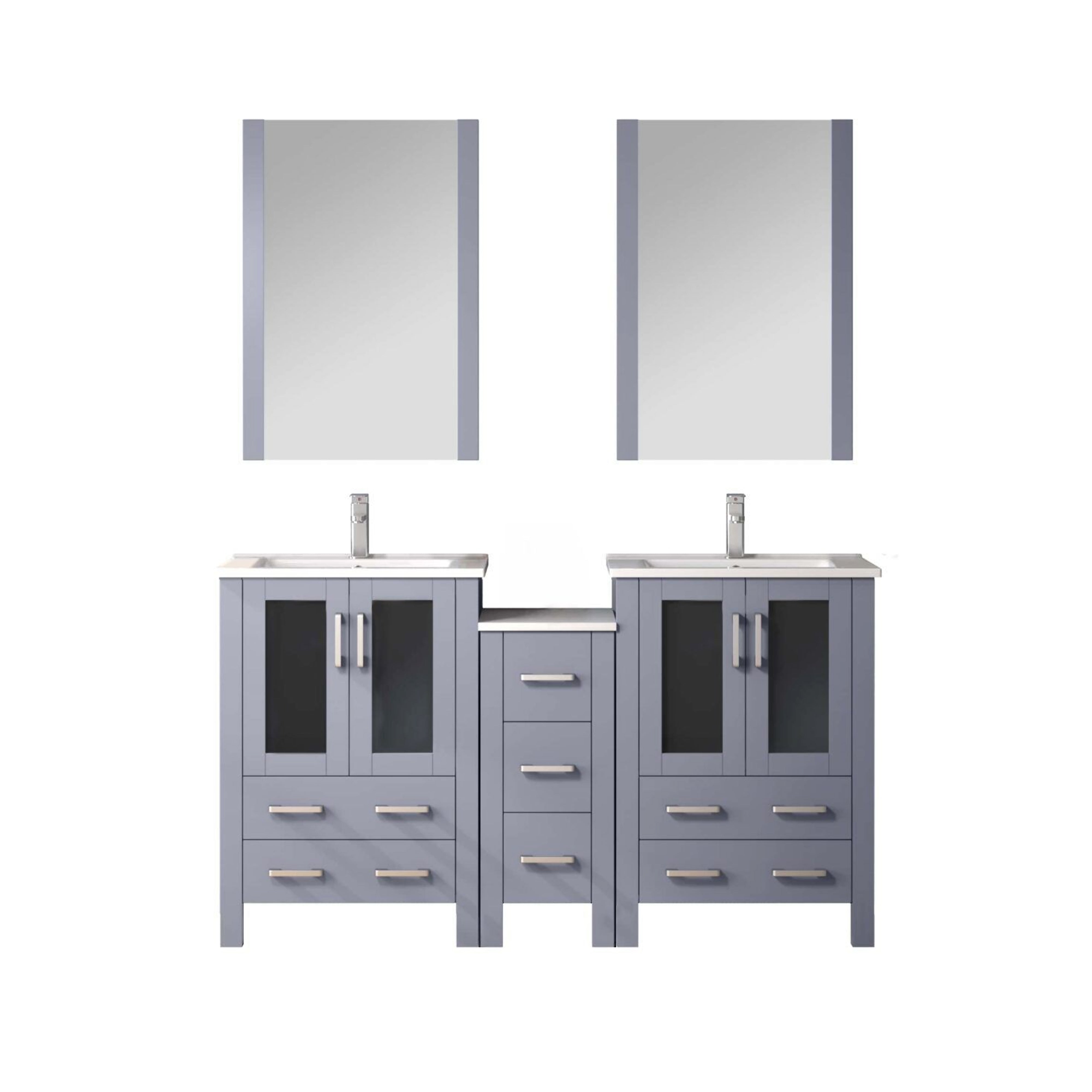 Volez 60 in W Dark Grey Double Bath Vanity with Side Cabinet, Faucet Set, White Ceramic Top, and 22 in Mirrors