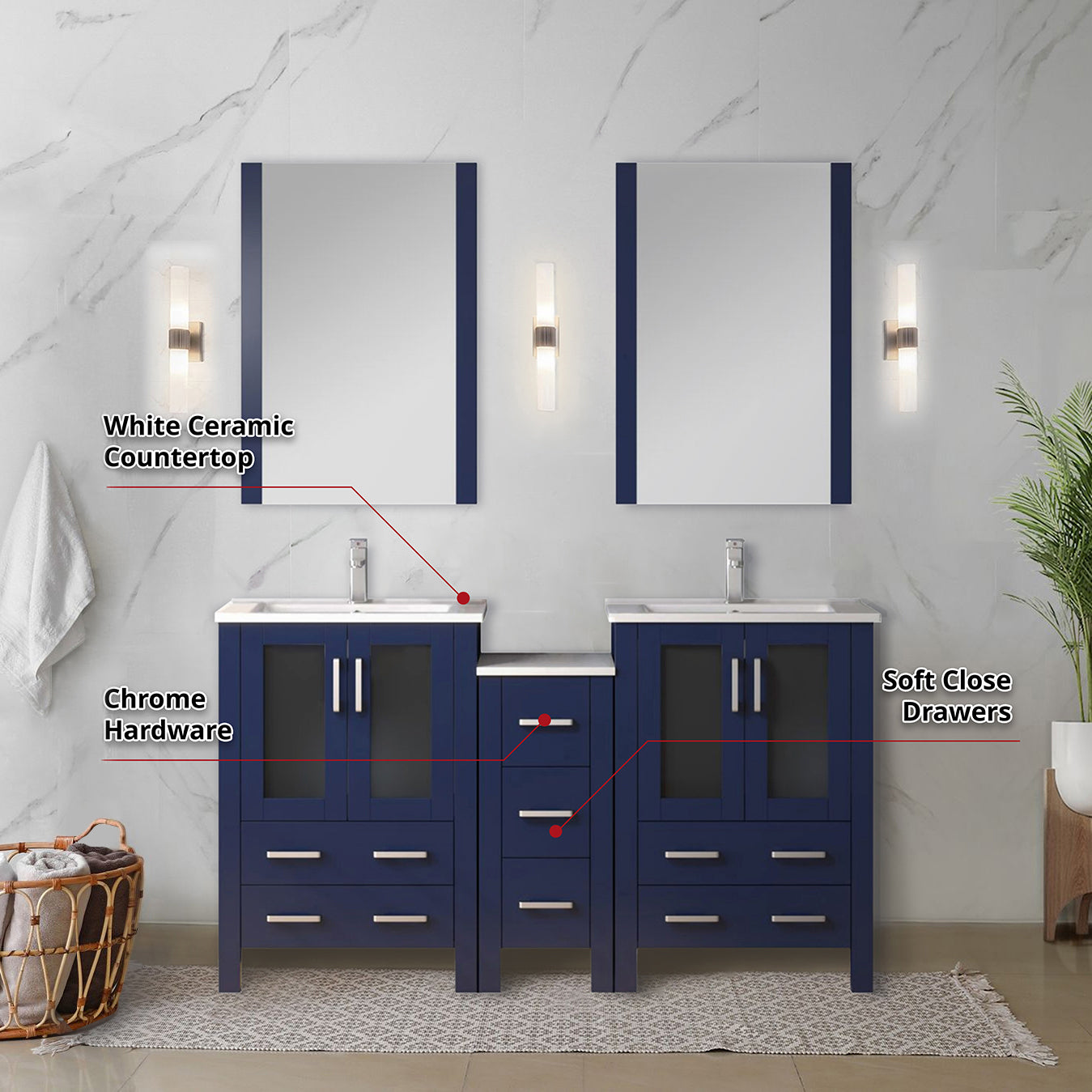 Volez 60 in W Navy Blue Double Bath Vanity with Side Cabinet, Faucet Set, White Ceramic Top, and 22 in Mirrors