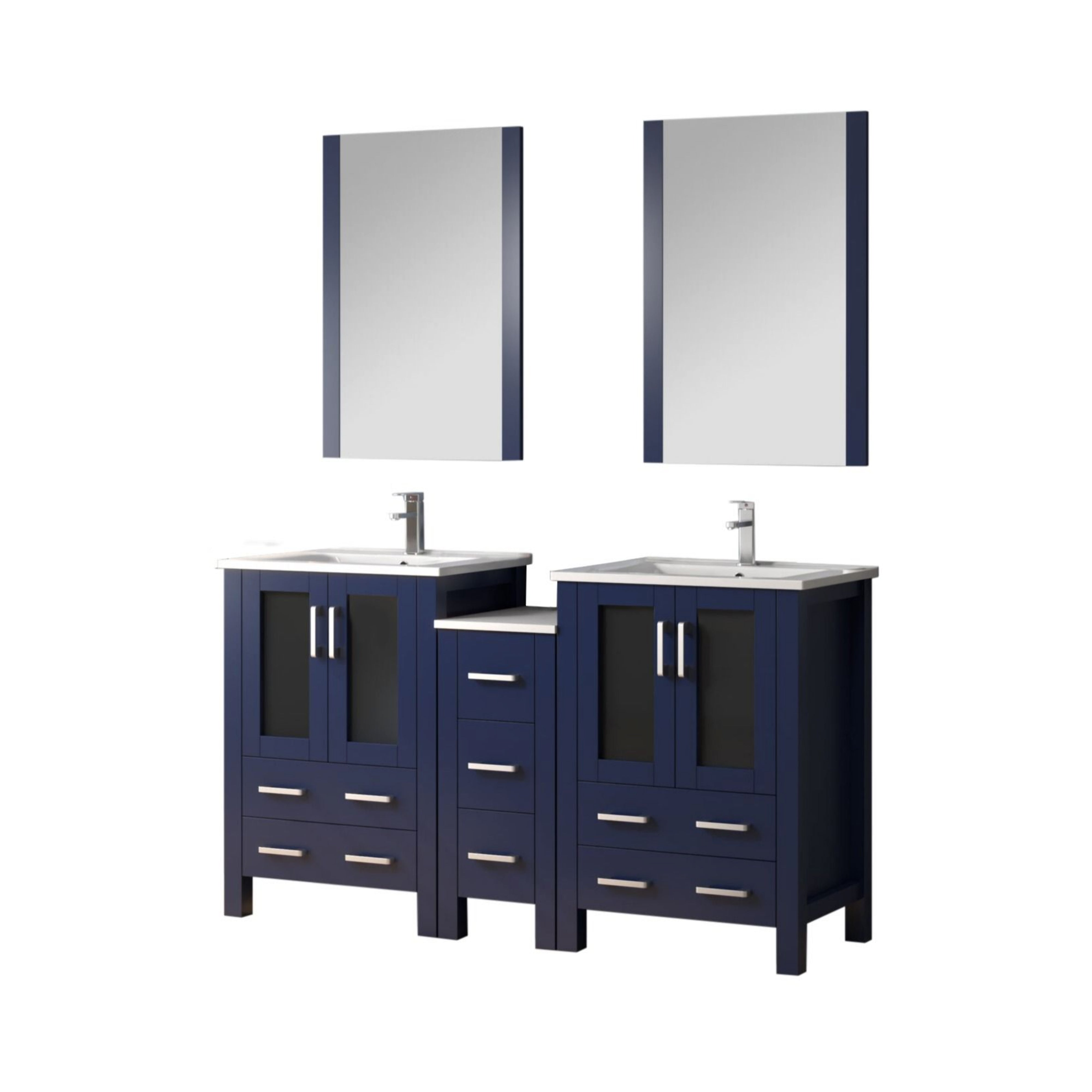 Volez 60 in W Navy Blue Double Bath Vanity with Side Cabinet, Faucet Set, White Ceramic Top, and 22 in Mirrors