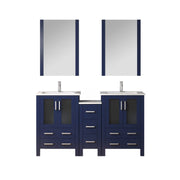 Volez 60 in W Navy Blue Double Bath Vanity with Side Cabinet, Faucet Set, White Ceramic Top, and 22 in Mirrors