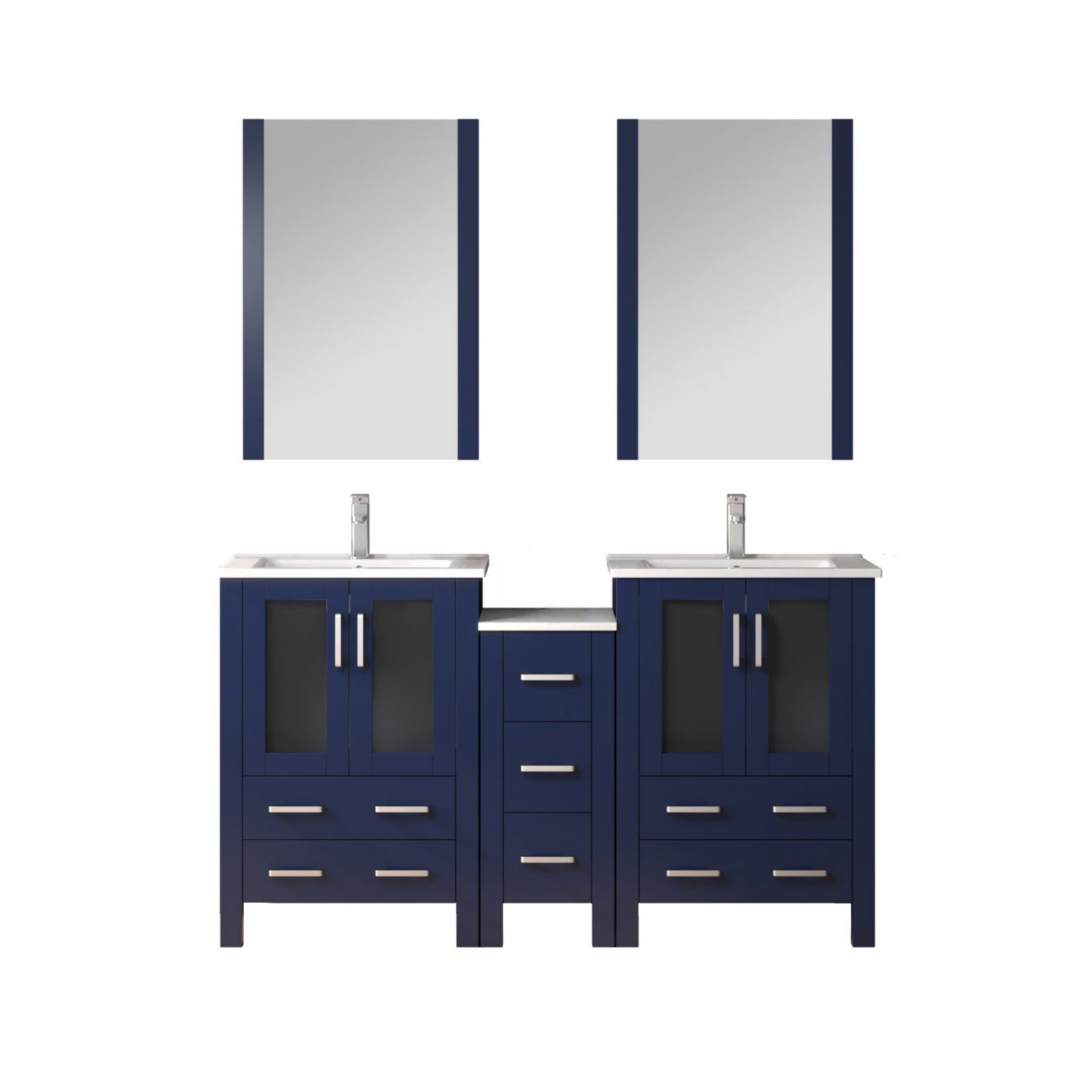 Volez 60 in W Navy Blue Double Bath Vanity with Side Cabinet, Faucet Set, White Ceramic Top, and 22 in Mirrors