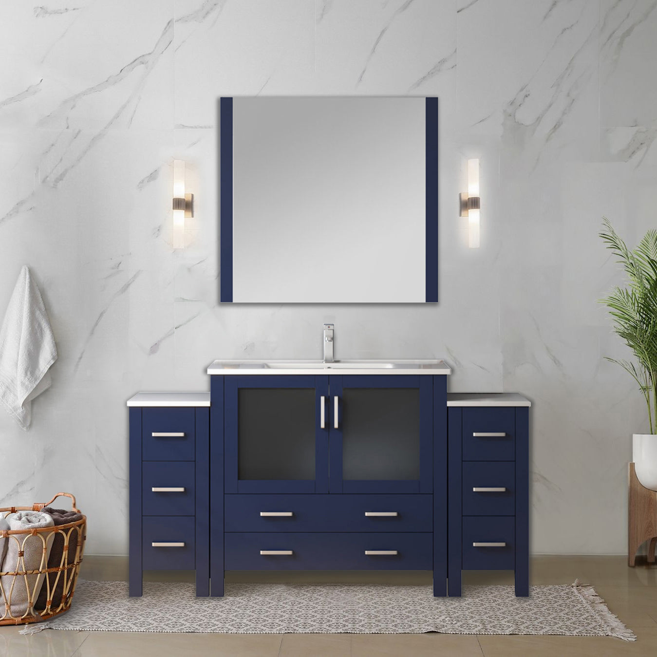 Volez 60 in W x 18.25 in D Navy Blue Bath Vanity with Side Cabinets