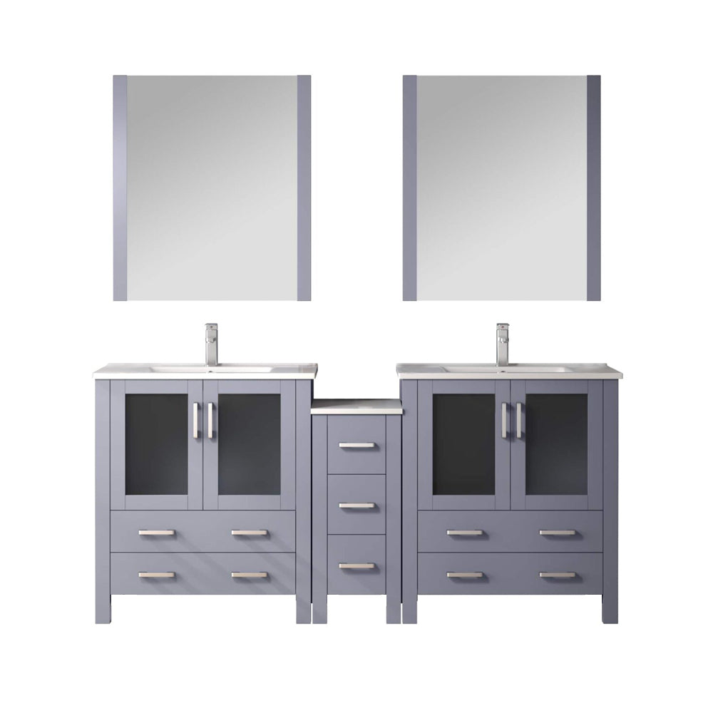 Volez 72 in W Dark Grey Double Bath Vanity with Side Cabinets, Faucet Set, White Ceramic Top, and 28 in Mirrors