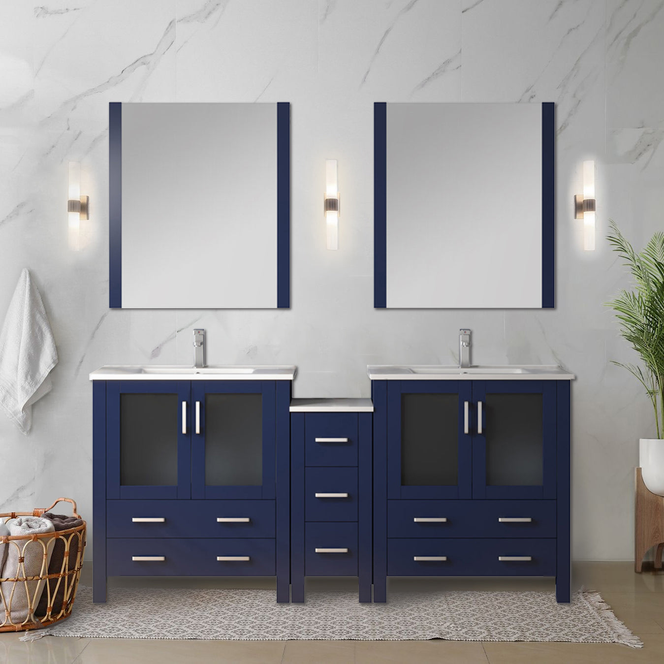 Volez 72 in W x 18.25 in D Navy Blue Double Bath Vanity with Side Cabinet