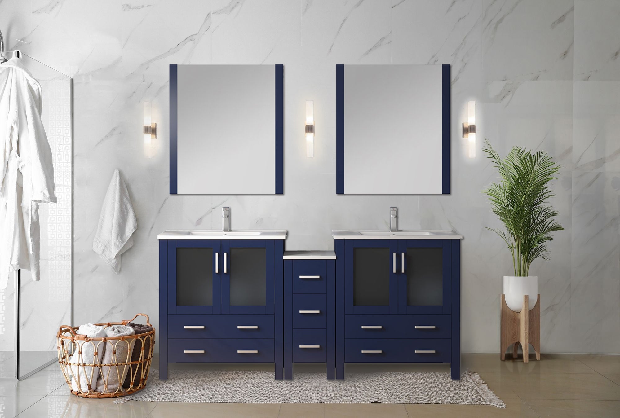 Volez 72 in W Navy Blue Double Bath Vanity with Side Cabinets, Faucet Set, White Ceramic Top, and 28 in Mirrors
